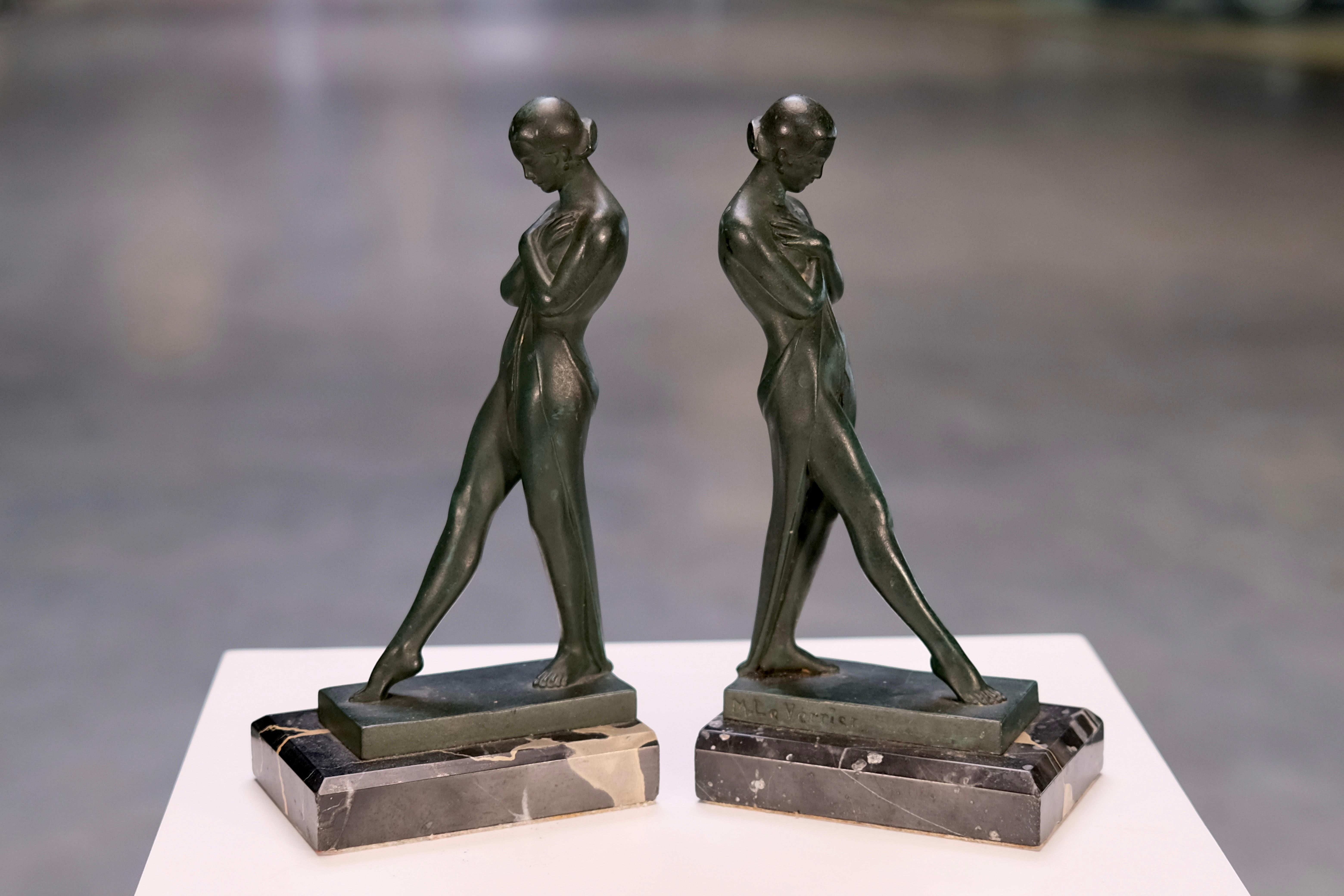 Patinated Vintage French Art Deco Lady Bookends Meditation by Fayral for Max Le Verrier