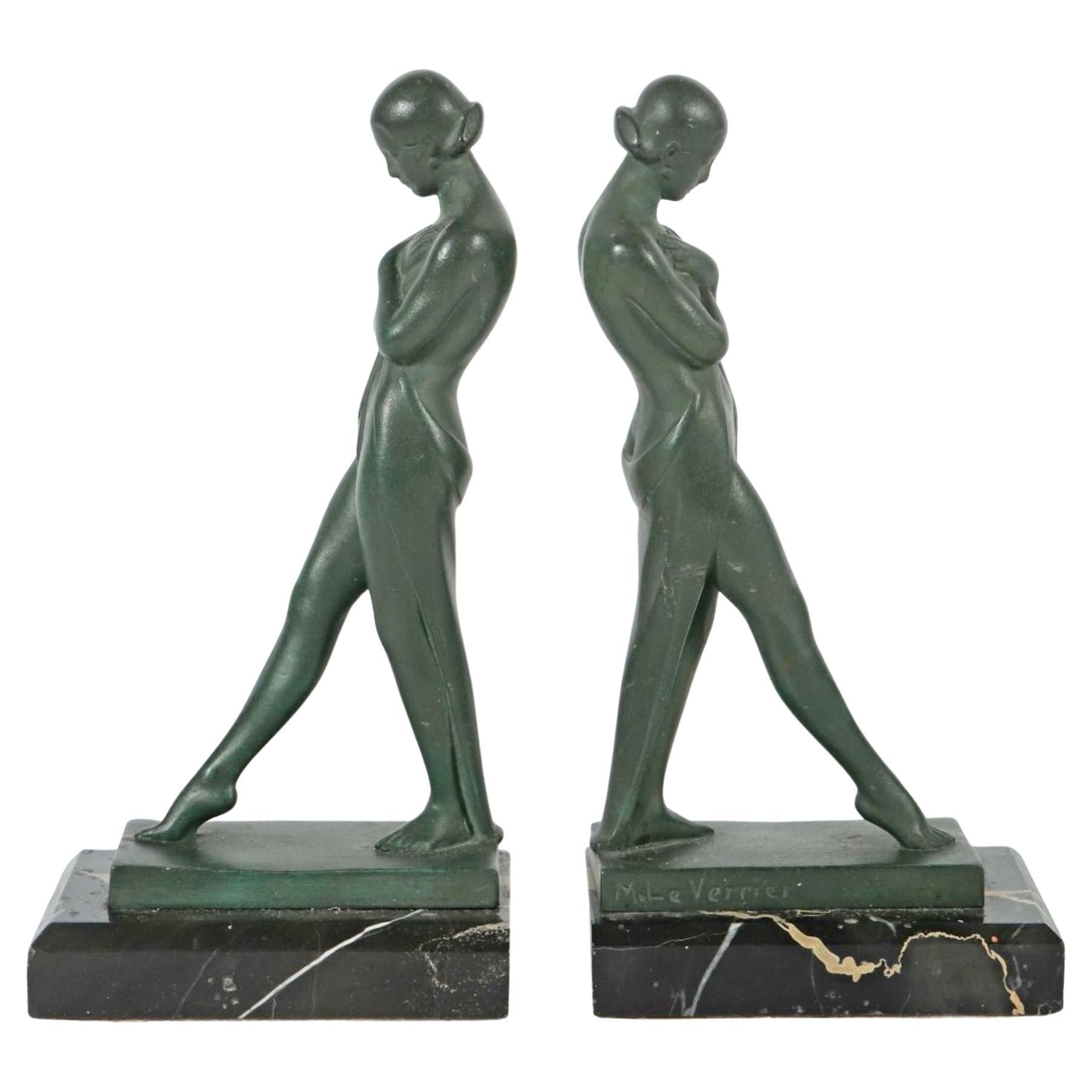 Vintage French Art Deco Lady Bookends Meditation by Fayral for Max Le Verrier For Sale