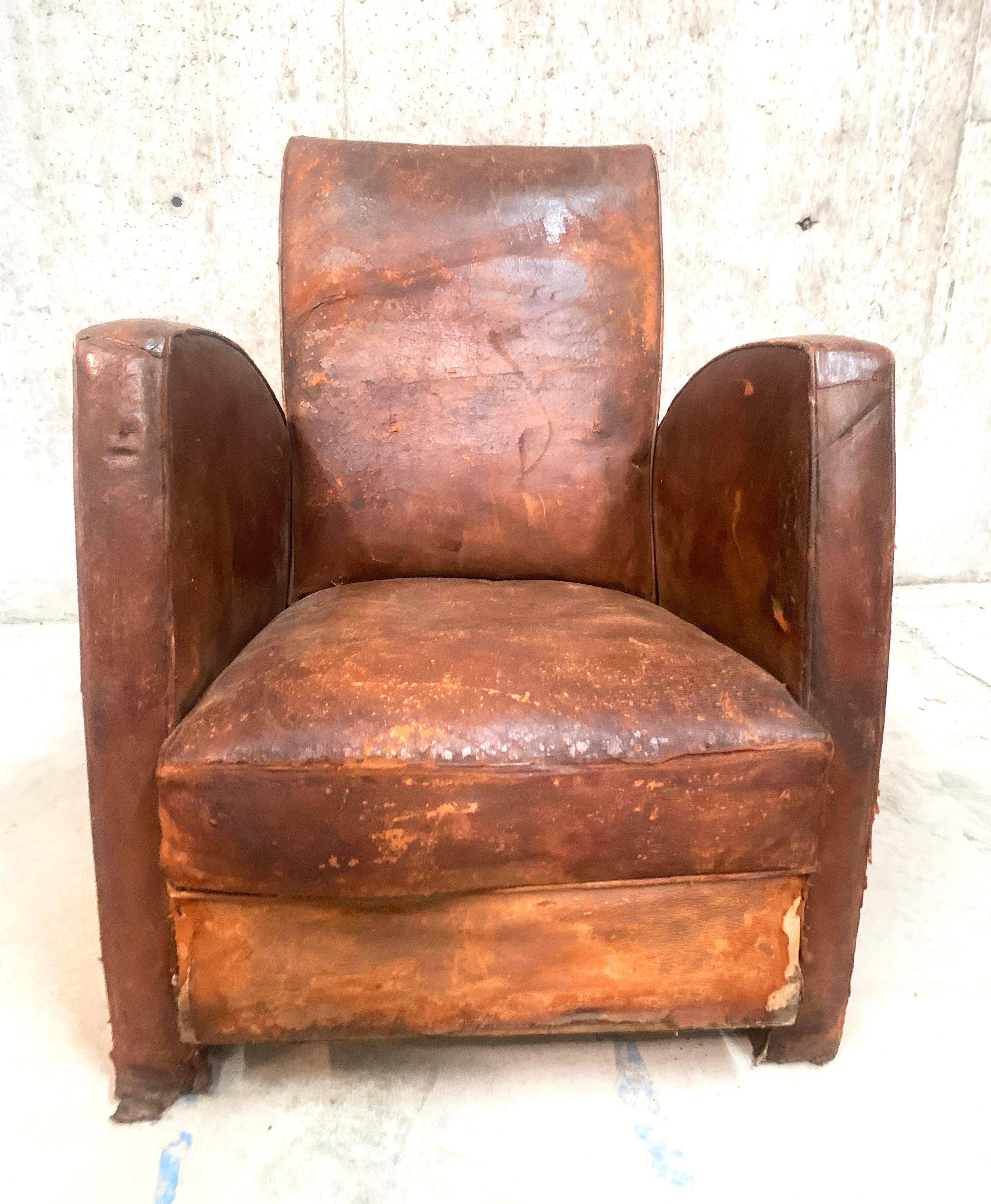 Vintage French Art Deco Leather Club Armchair For Sale 8