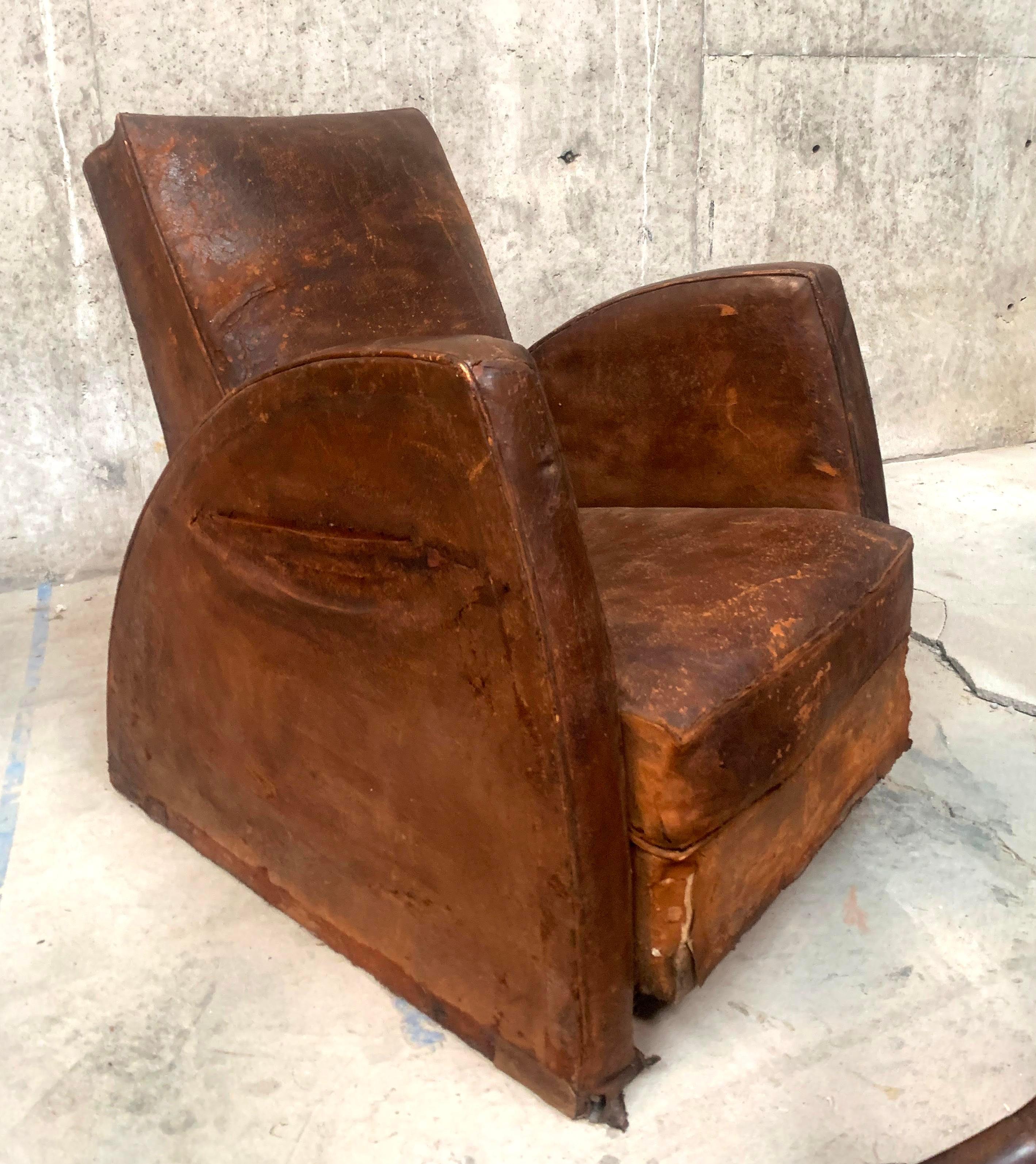 Hand-Crafted Vintage French Art Deco Leather Club Armchair For Sale