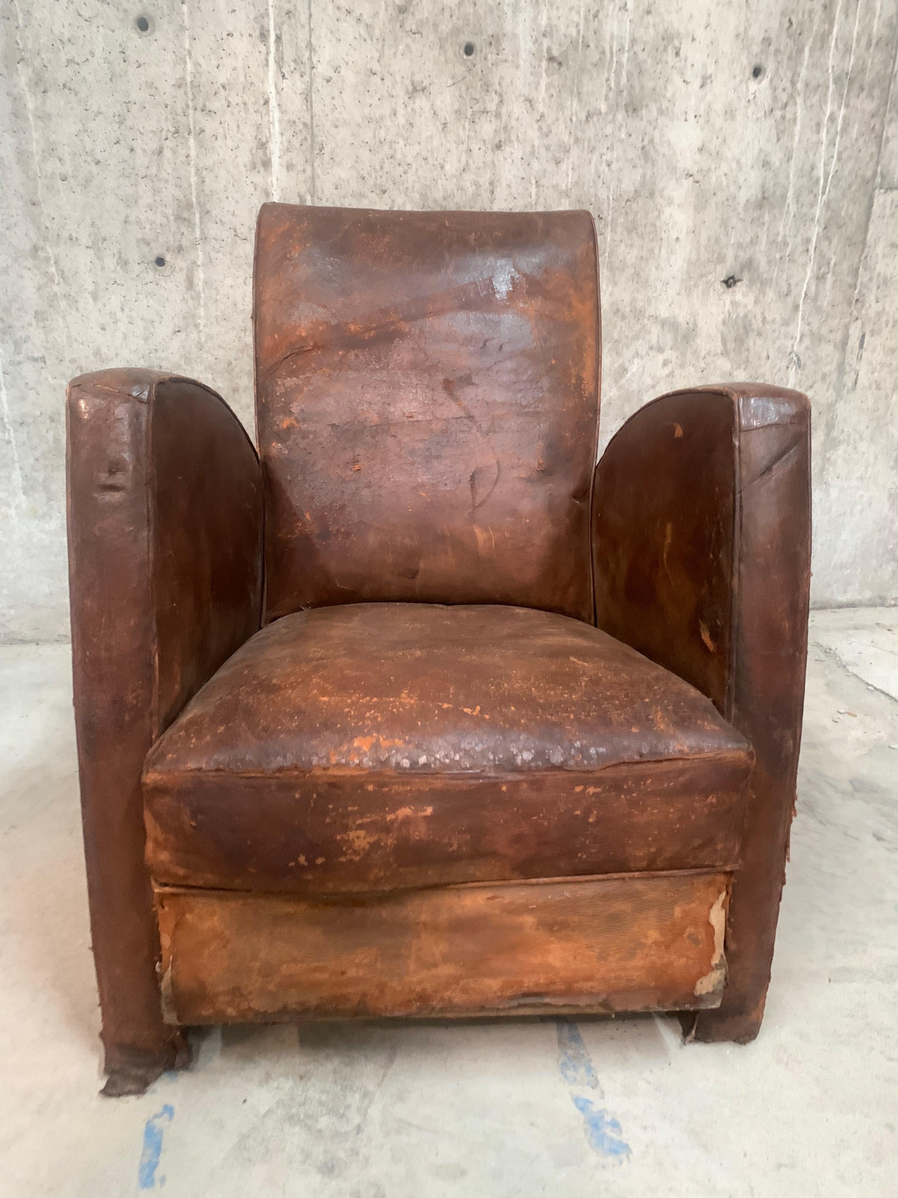 Vintage French Art Deco Leather Club Armchair In Distressed Condition For Sale In Sheridan, CO