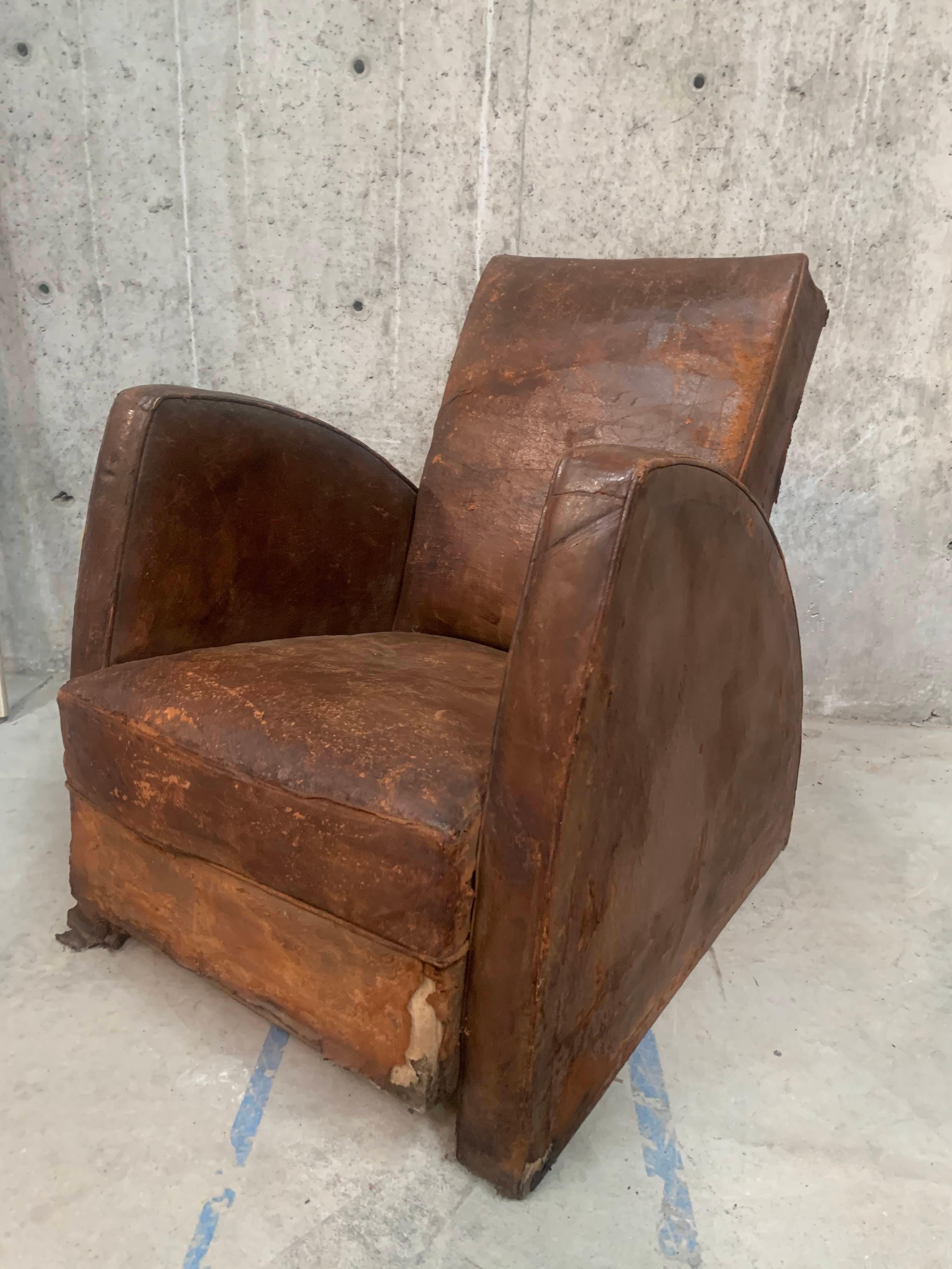 Mid-20th Century Vintage French Art Deco Leather Club Armchair For Sale
