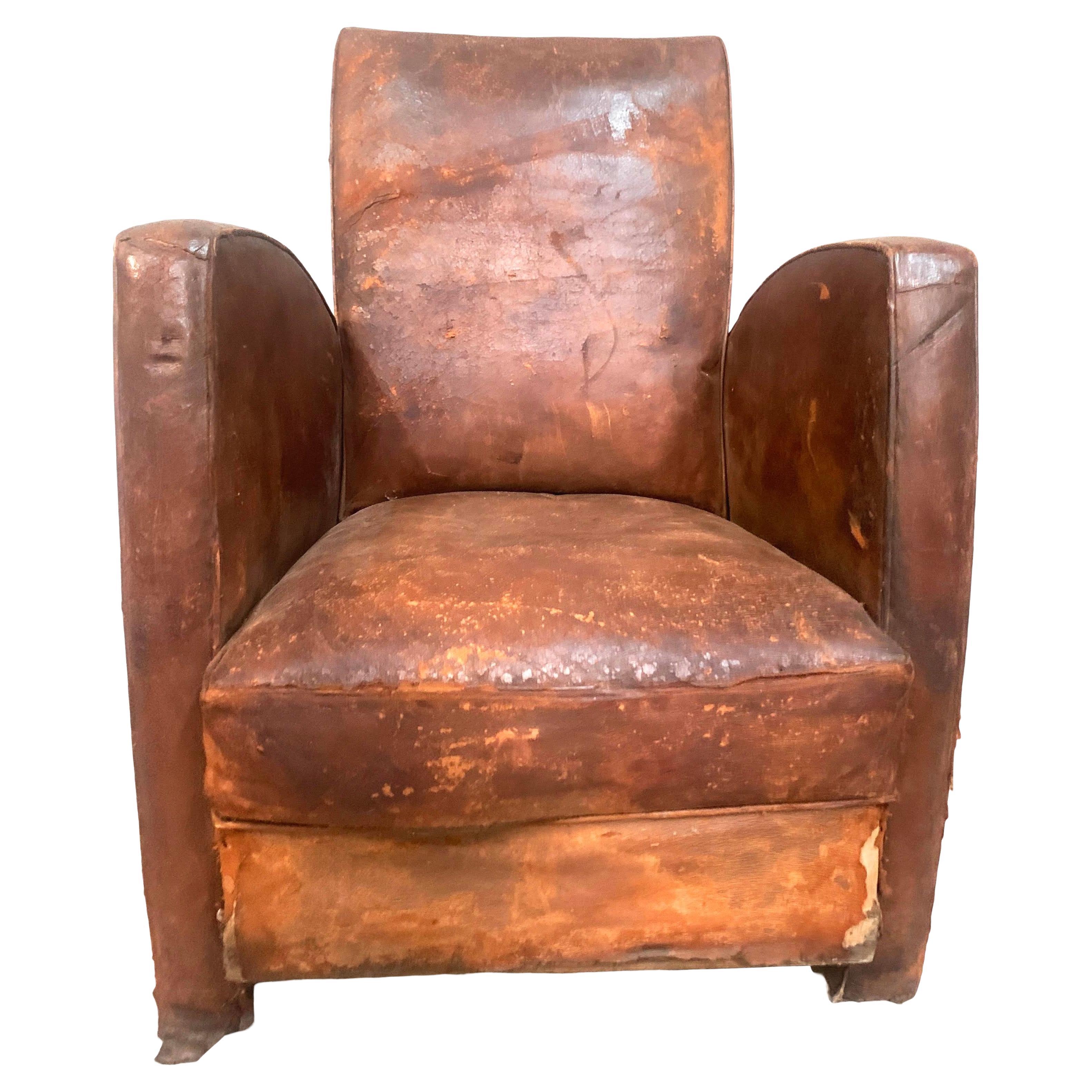 Vintage French Art Deco Leather Club Armchair