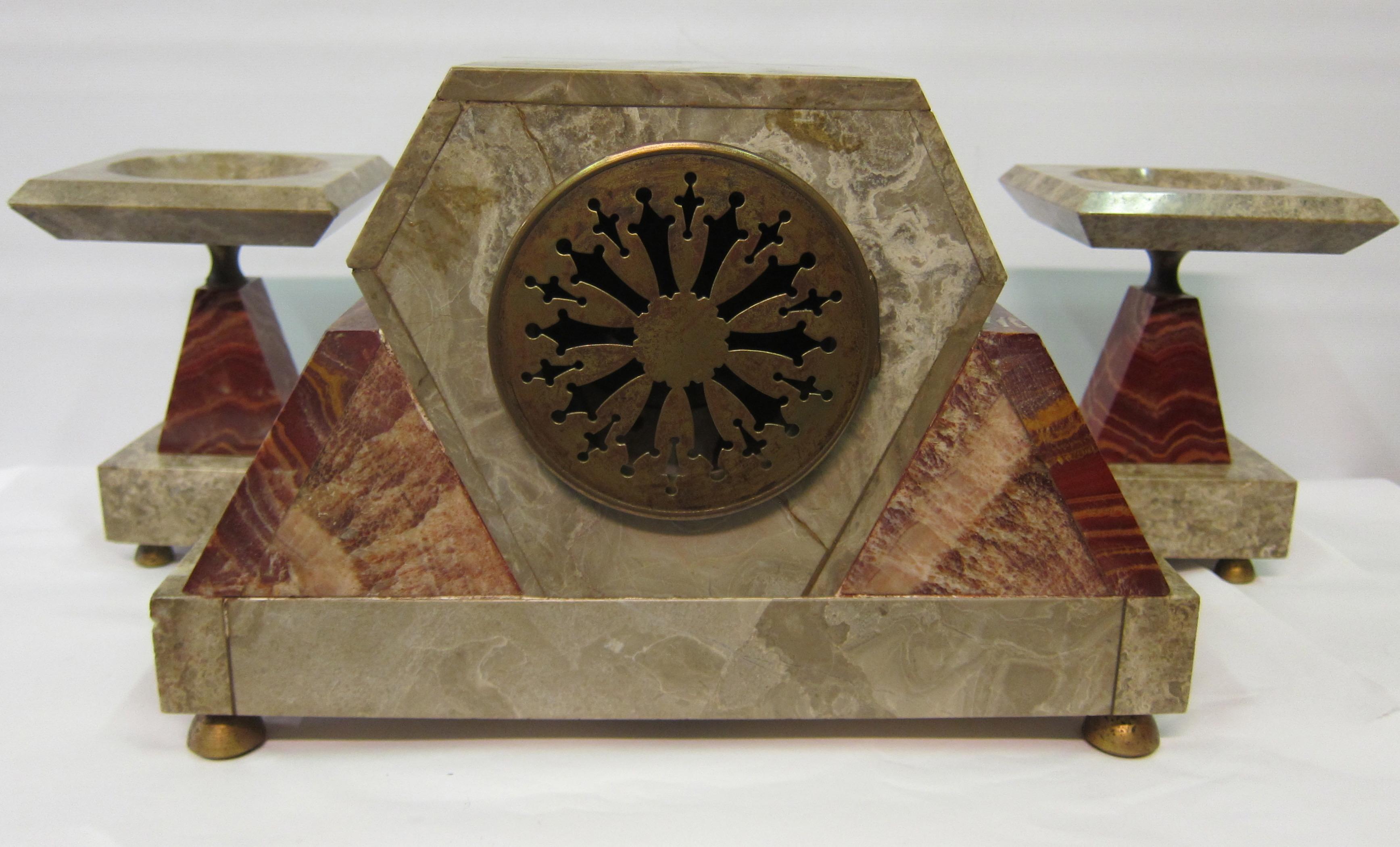 Mid-20th Century Vintage French Art Deco Marble and Bronze Clock Set For Sale