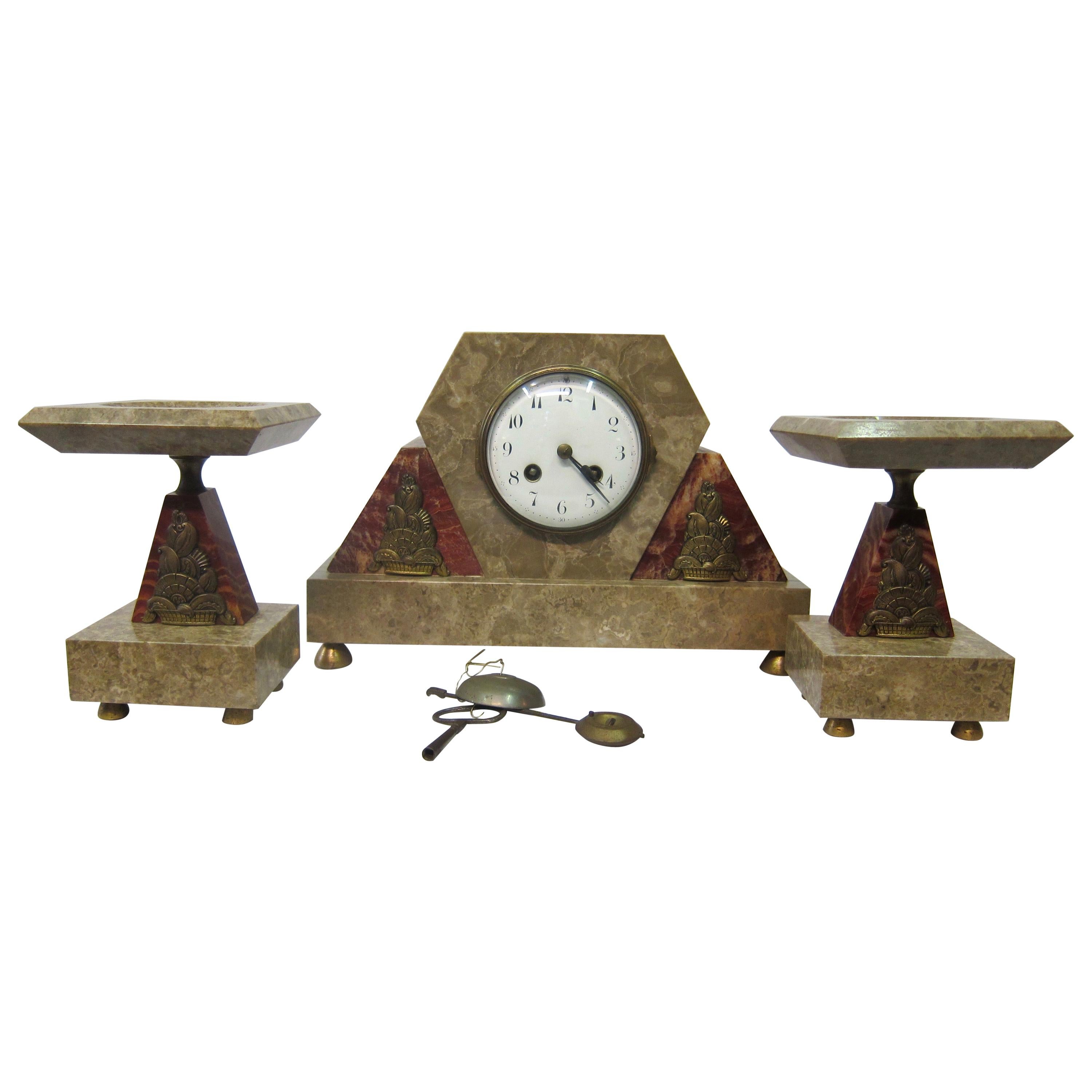 Vintage French Art Deco Marble and Bronze Clock Set For Sale