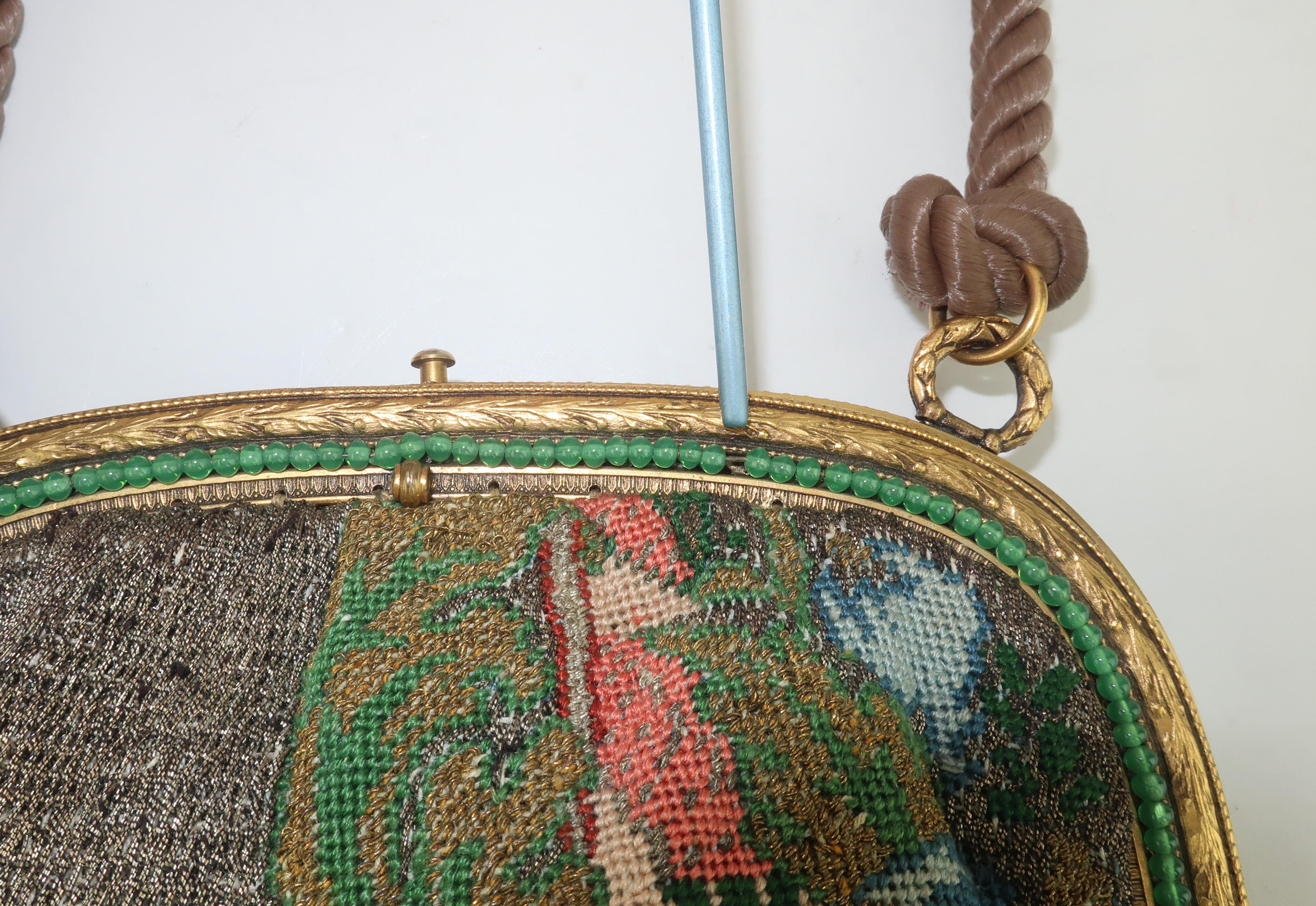 Women's Vintage French Art Deco Metallic Petit Point Handbag