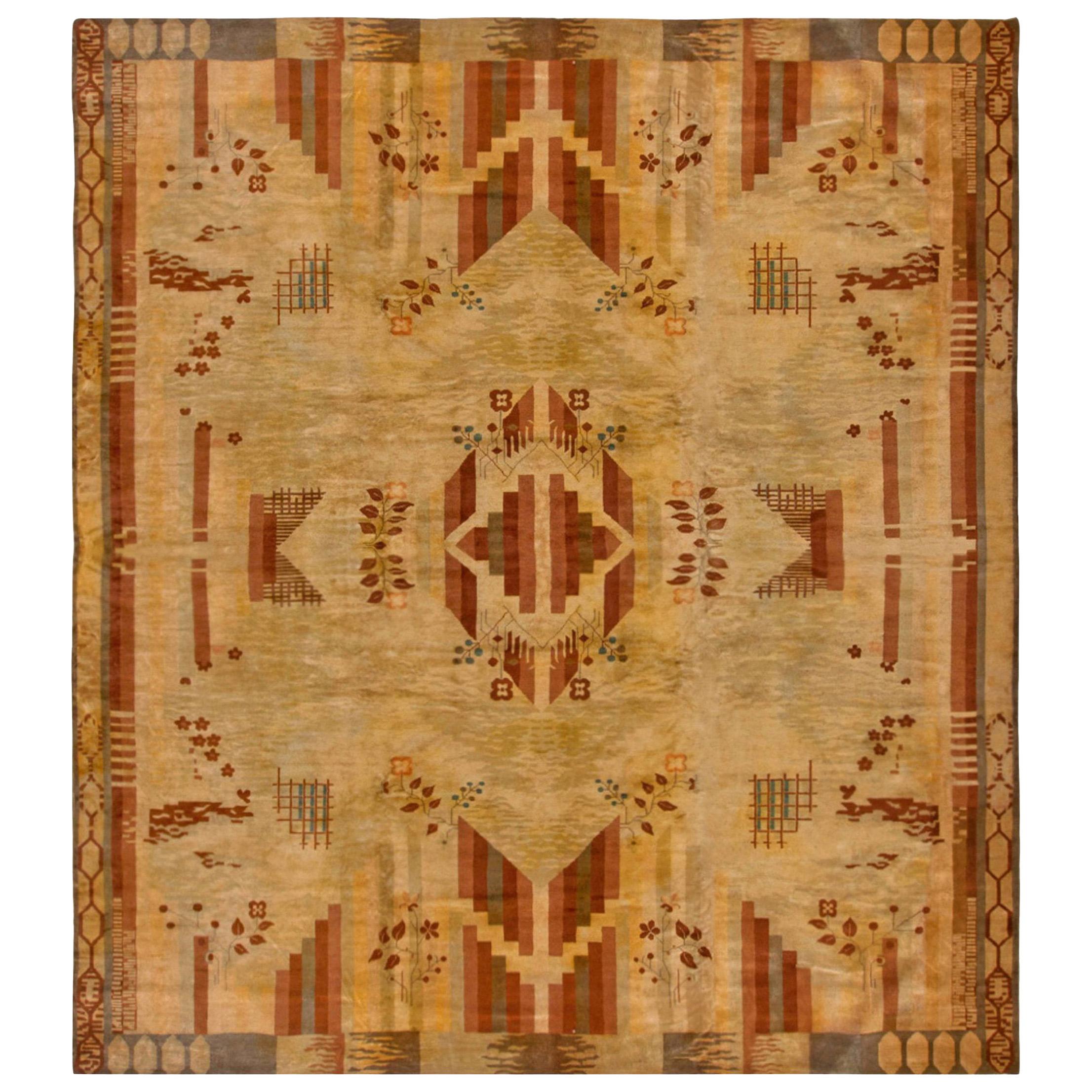 Vintage French Art Deco Handwoven Wool Rug For Sale
