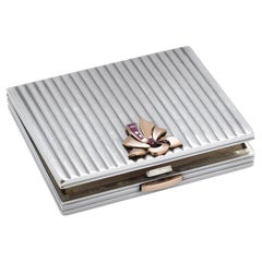 French Art Deco Ribbed Gold Silver and Ruby Rectangular Ribbon Compact