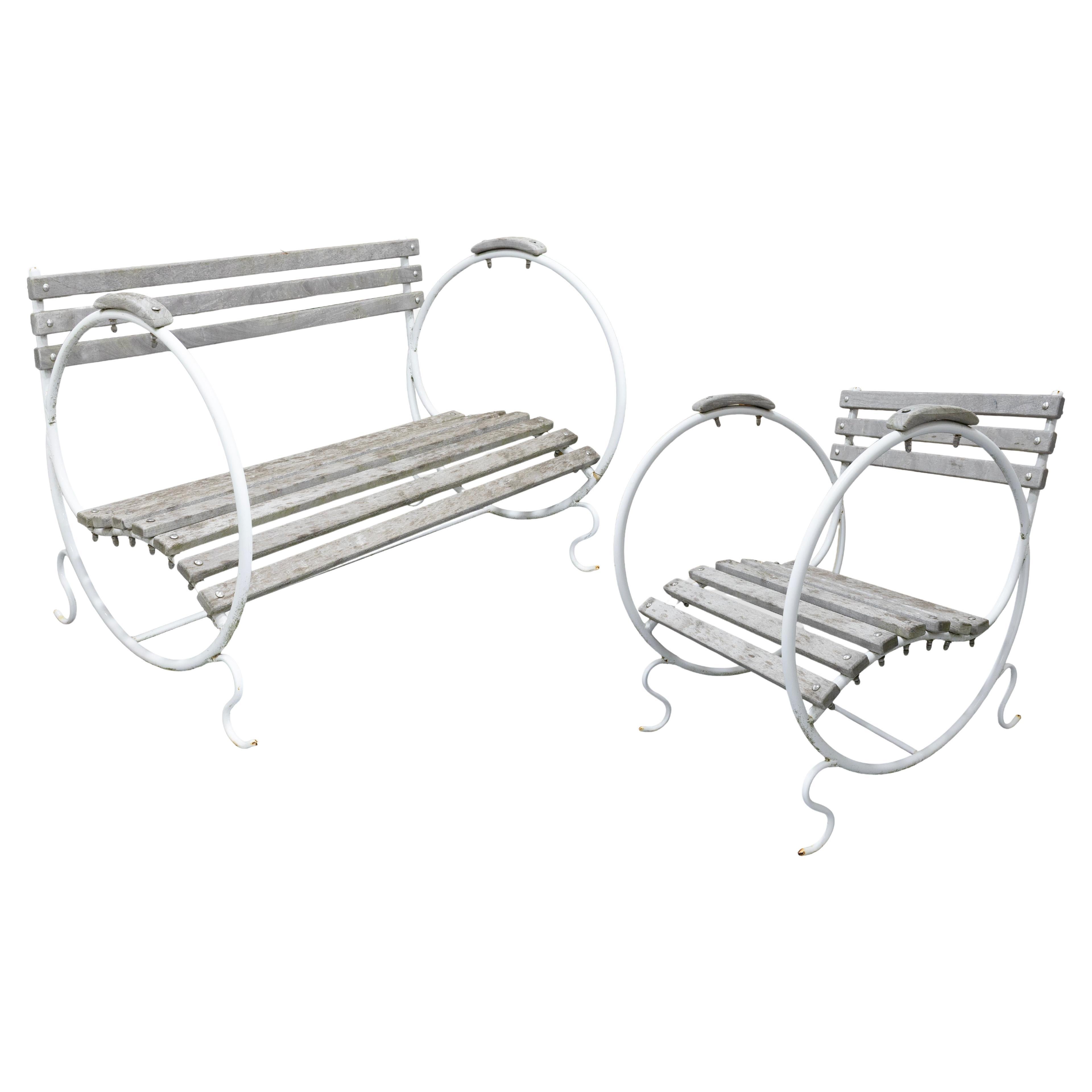 Vintage Art Deco Style 2 Pc Metal & Wood Settee & Chair Outdoor Patio Set