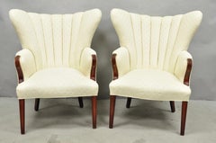 Vintage French Art Deco Style Channel Wingback Mahogany Lounge Arm Chairs - Pair