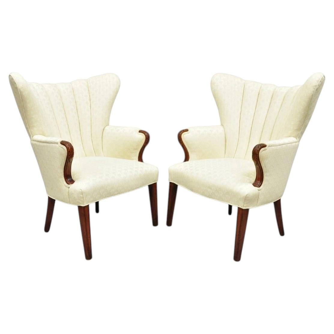 Vintage French Art Deco Style Channel Wingback Mahogany Lounge Arm Chairs - Pair
