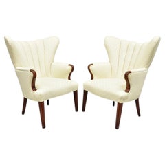 Vintage French Art Deco Style Channel Wingback Mahogany Lounge Arm Chairs - Pair