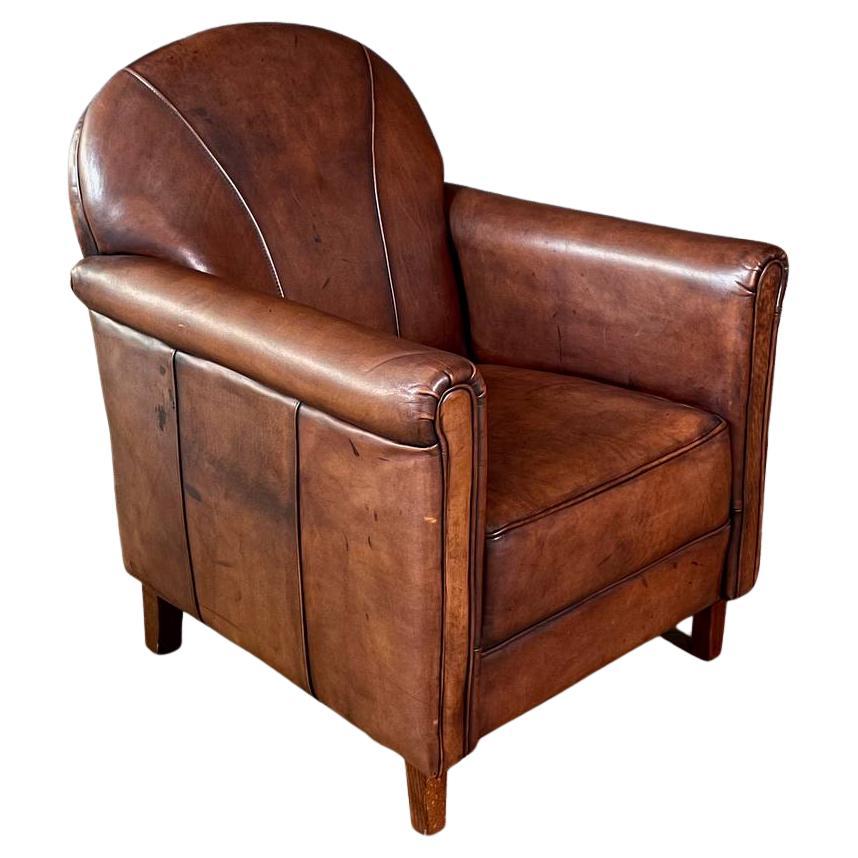 Vintage French Art Deco Style Leather Club Chair w/ Patinated Cognac