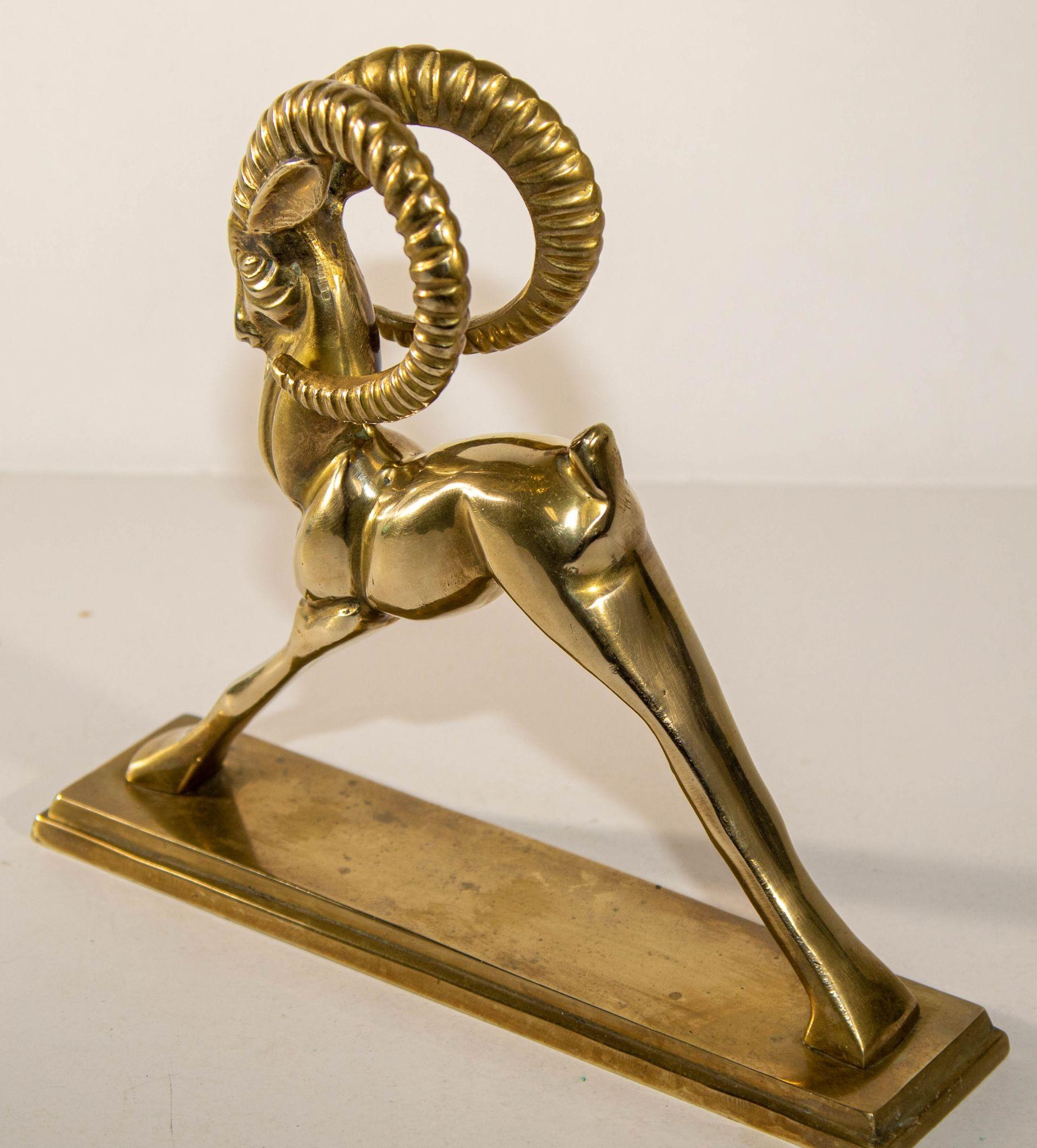 Vintage French Art Deco Style Sculpture of Brass Ibex Antelope For Sale 4