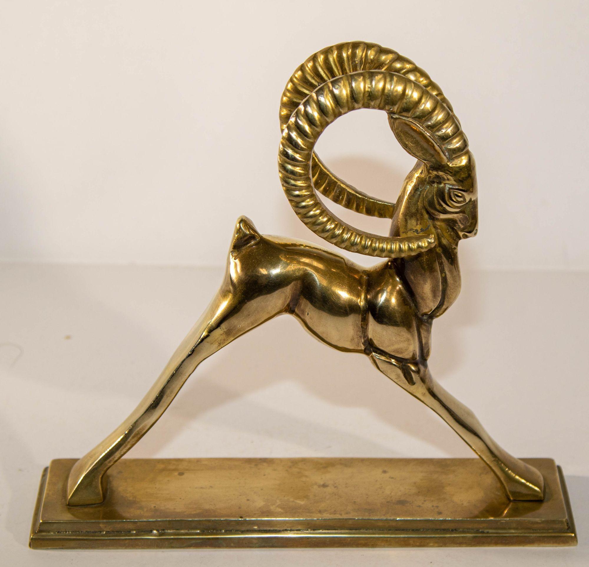 Vintage French Art Deco Style Sculpture of Brass Ibex Antelope For Sale 5