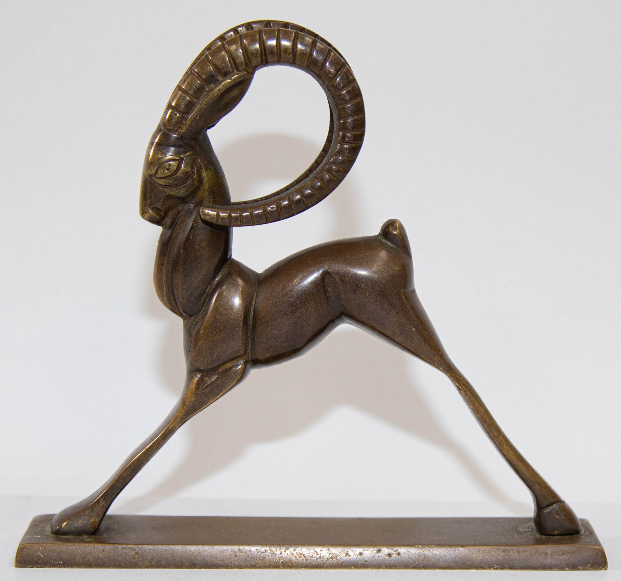 Vintage French Art Deco Style Sculpture of Brass Ibex Antelope 12