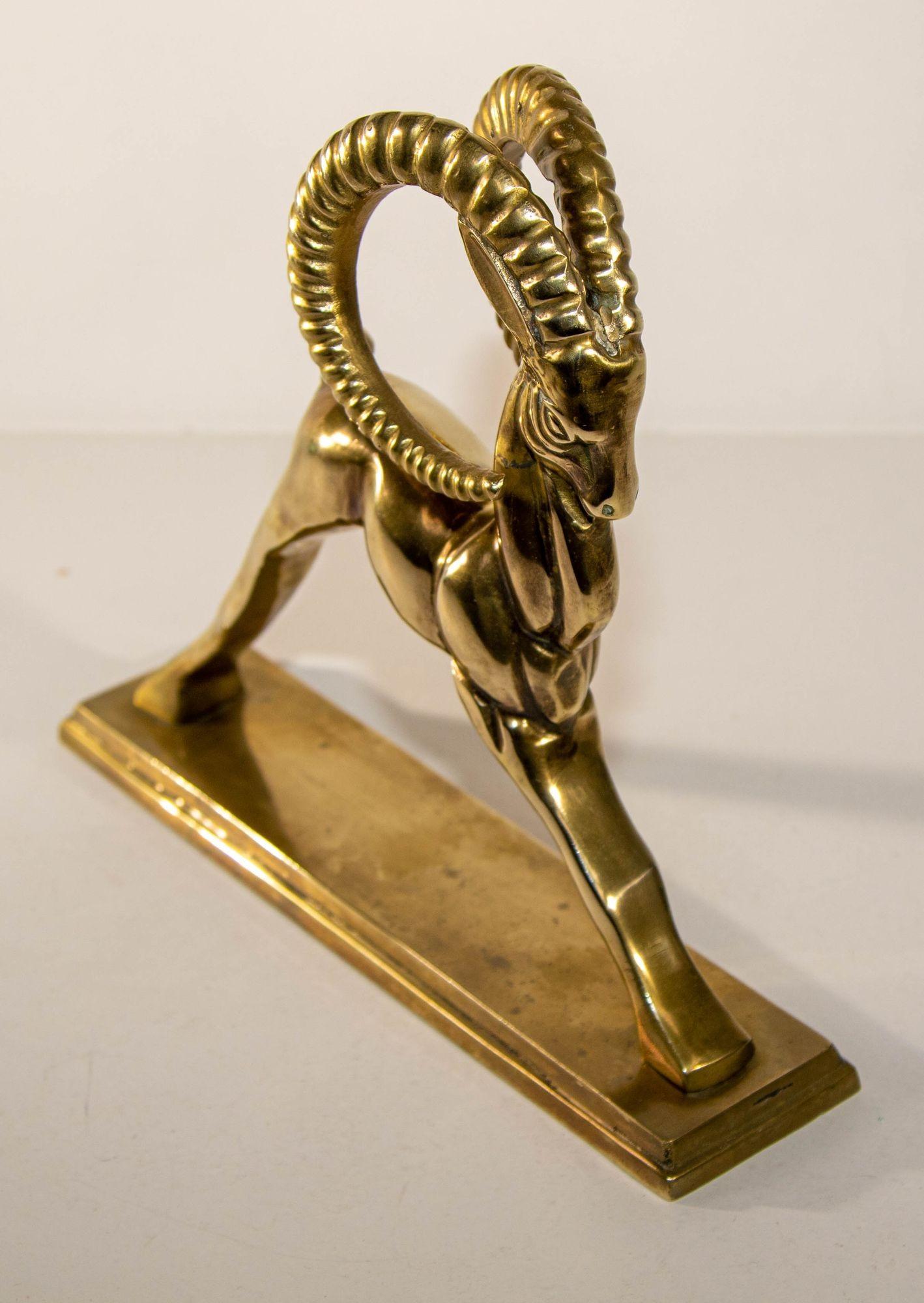 Hollywood Regency Vintage French Art Deco Style Sculpture of Brass Ibex Antelope For Sale