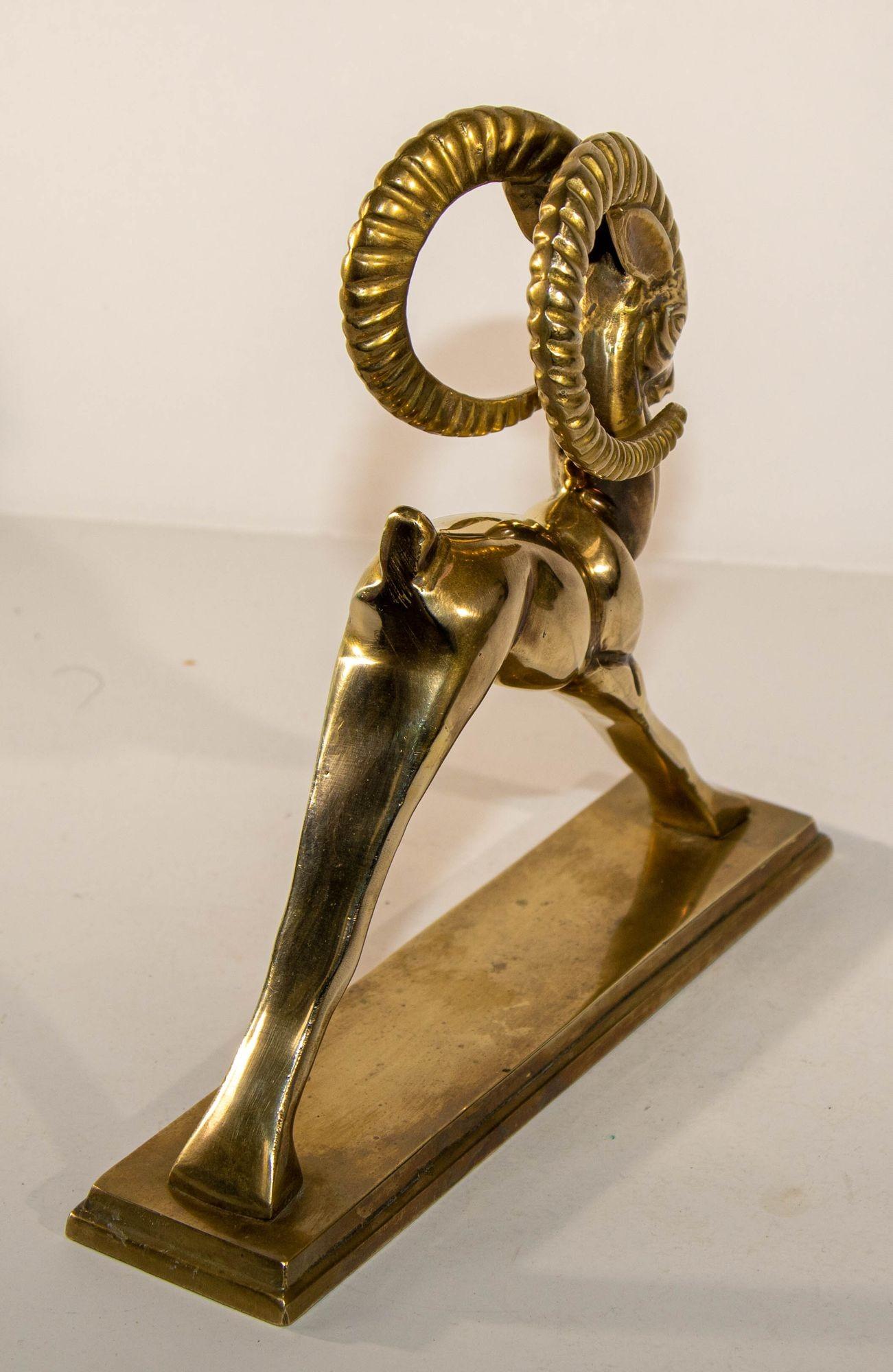 American Vintage French Art Deco Style Sculpture of Brass Ibex Antelope For Sale