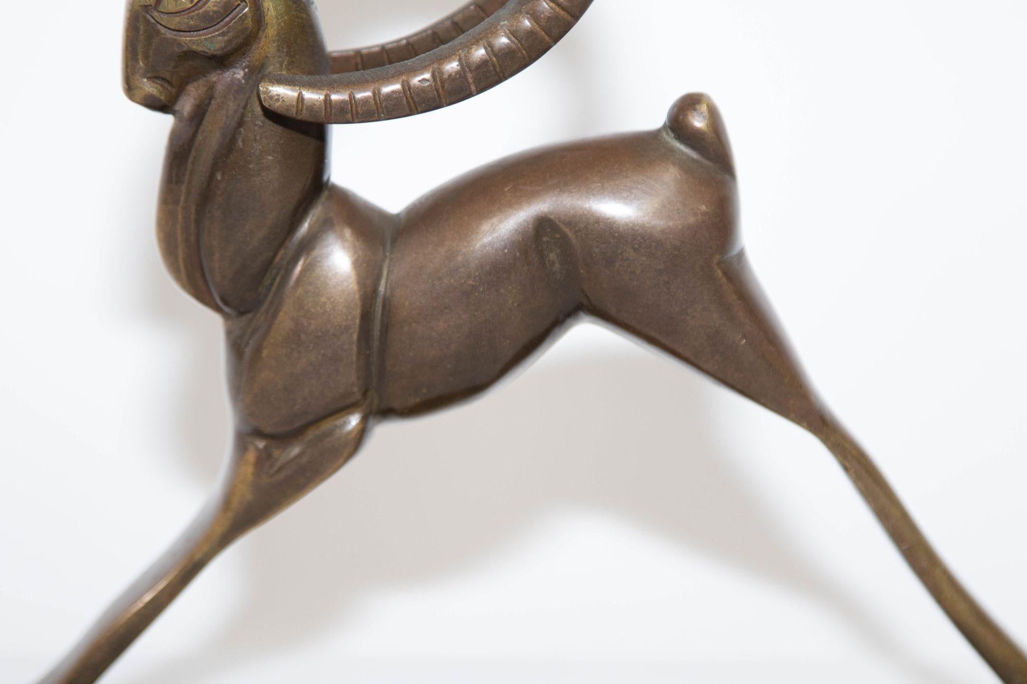 Vintage French Art Deco Style Sculpture of Brass Ibex Antelope In Good Condition In North Hollywood, CA