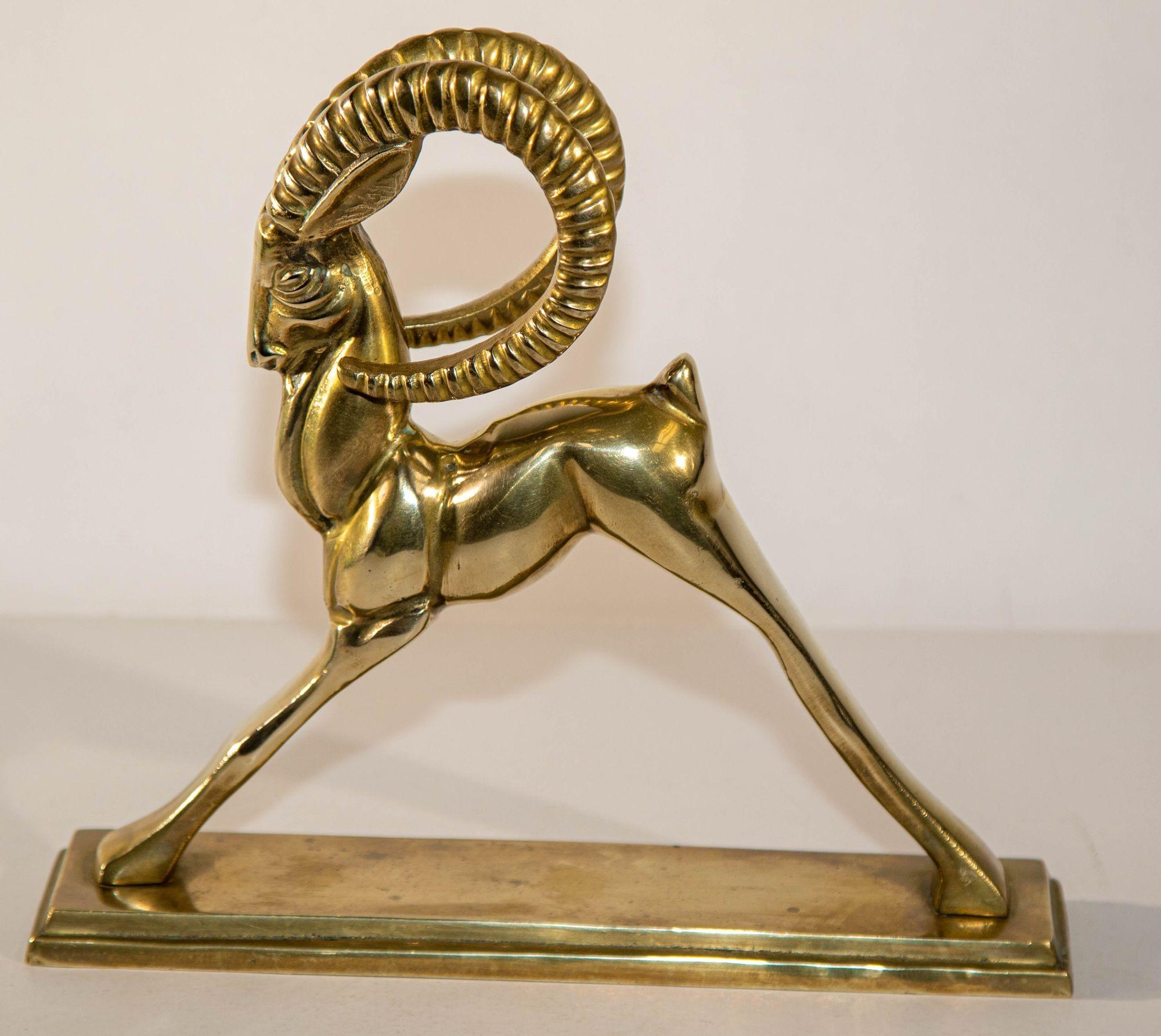 Cast Vintage French Art Deco Style Sculpture of Brass Ibex Antelope For Sale