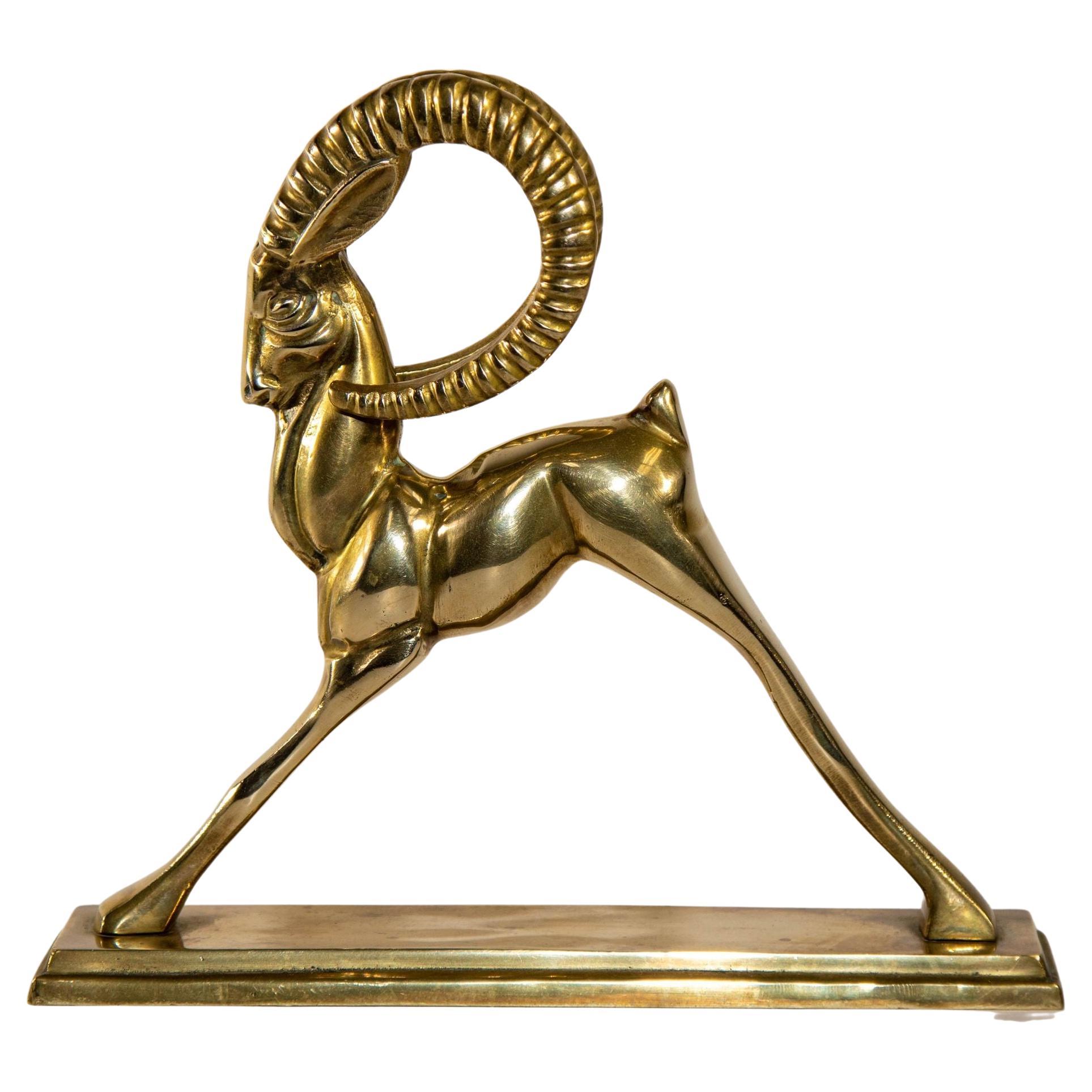 Vintage French Art Deco Style Sculpture of Brass Ibex Antelope For Sale