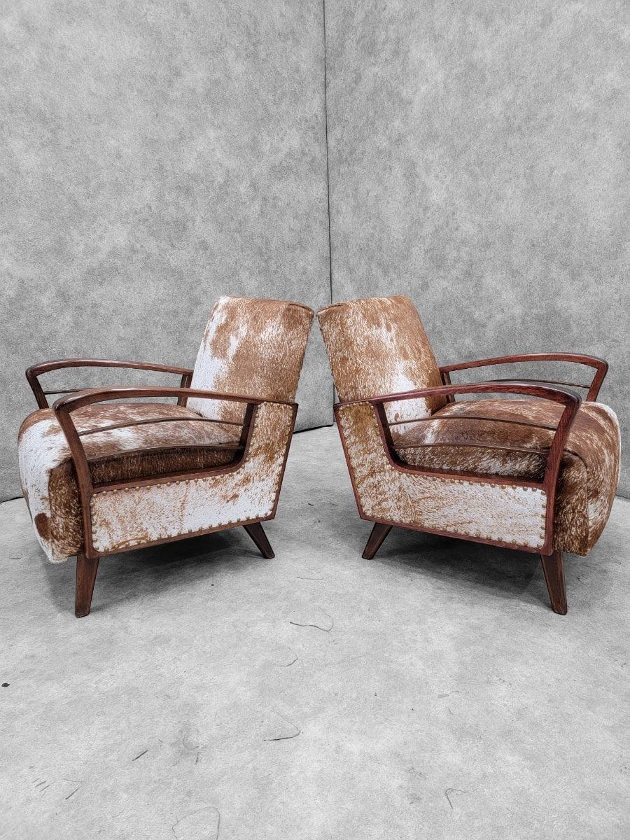 Pareja de Sillones de Madera Art Decó Franceses Vintage Recién Tapizados en Piel de Vacuno en venta 4