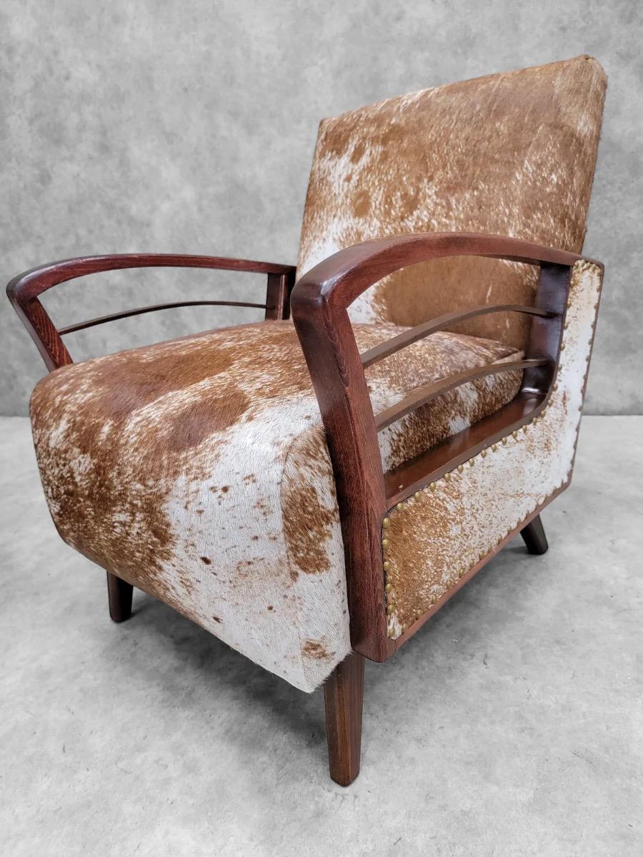 Pareja de Sillones de Madera Art Decó Franceses Vintage Recién Tapizados en Piel de Vacuno en venta 3