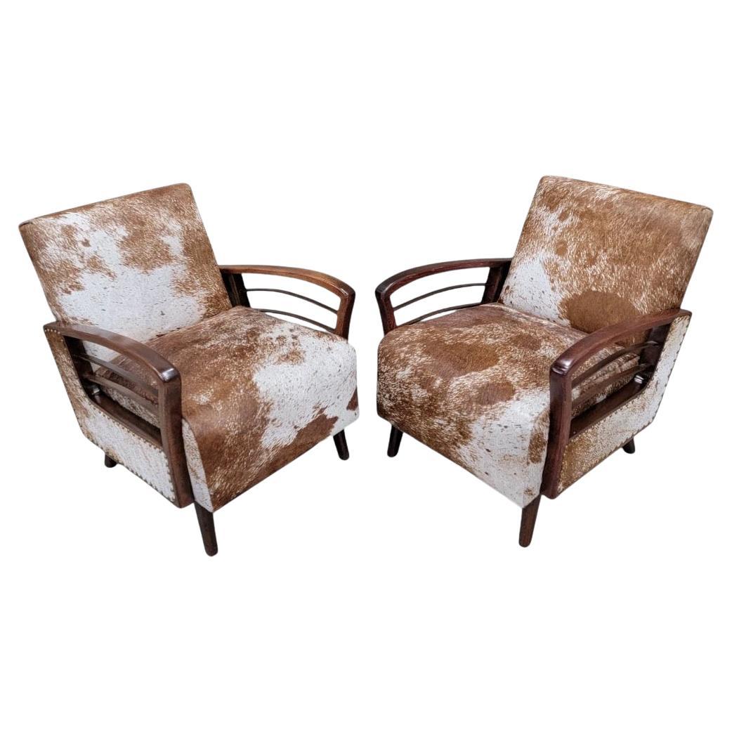 Vintage French Art Deco Wood Lounge Chairs Newly Upholstered In Cowhide, Pair