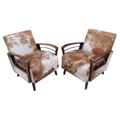 Französische Art-Déco-Loungesessel aus Holz im Vintage-Stil, neu gepolstert mit Rindsleder, Paar