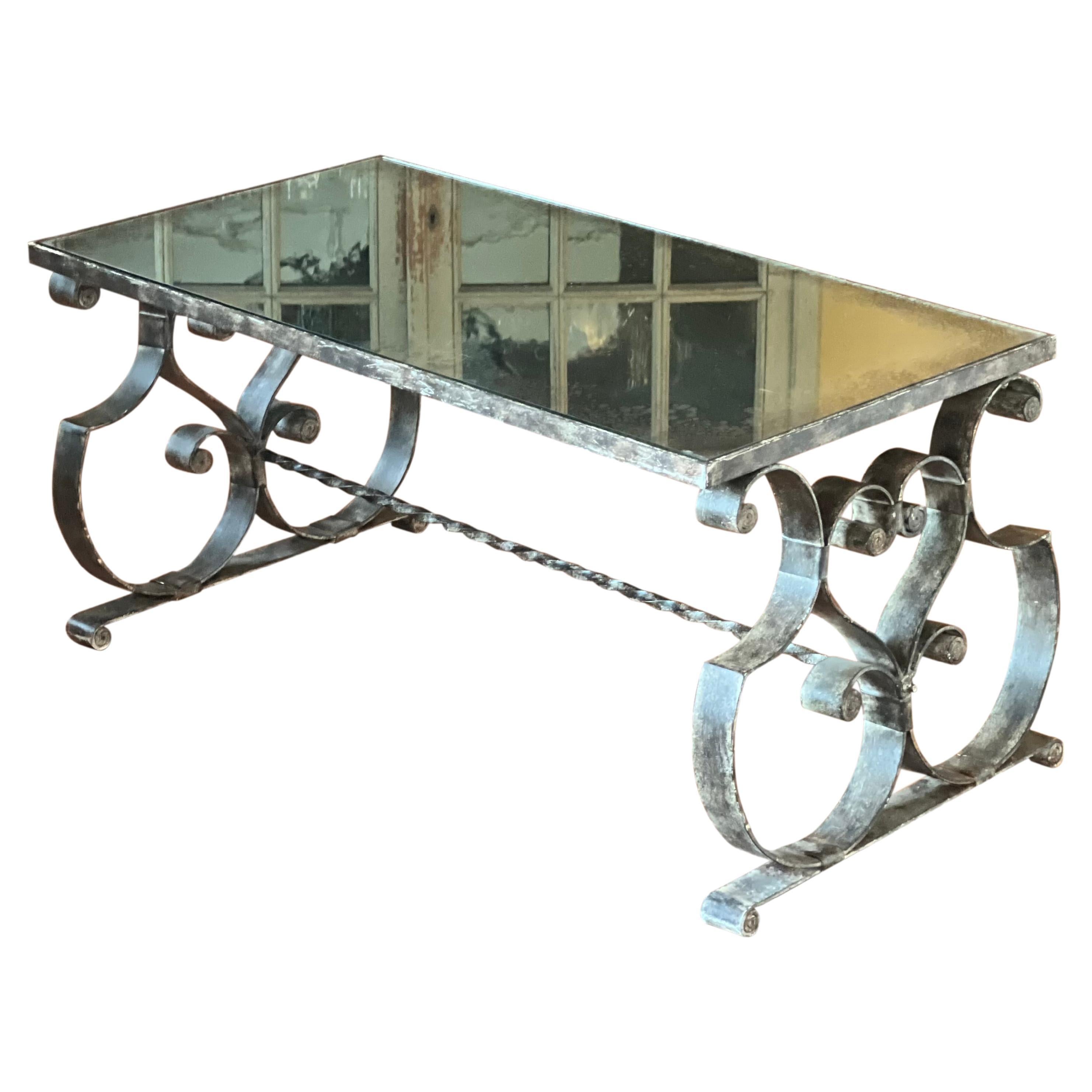 French Art Deco Wrought Iron Coffee Table with Antiqued Mirror Top For Sale