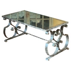 Vintage French Art Deco Wrought Iron Coffee Table with Antiqued Mirror Top