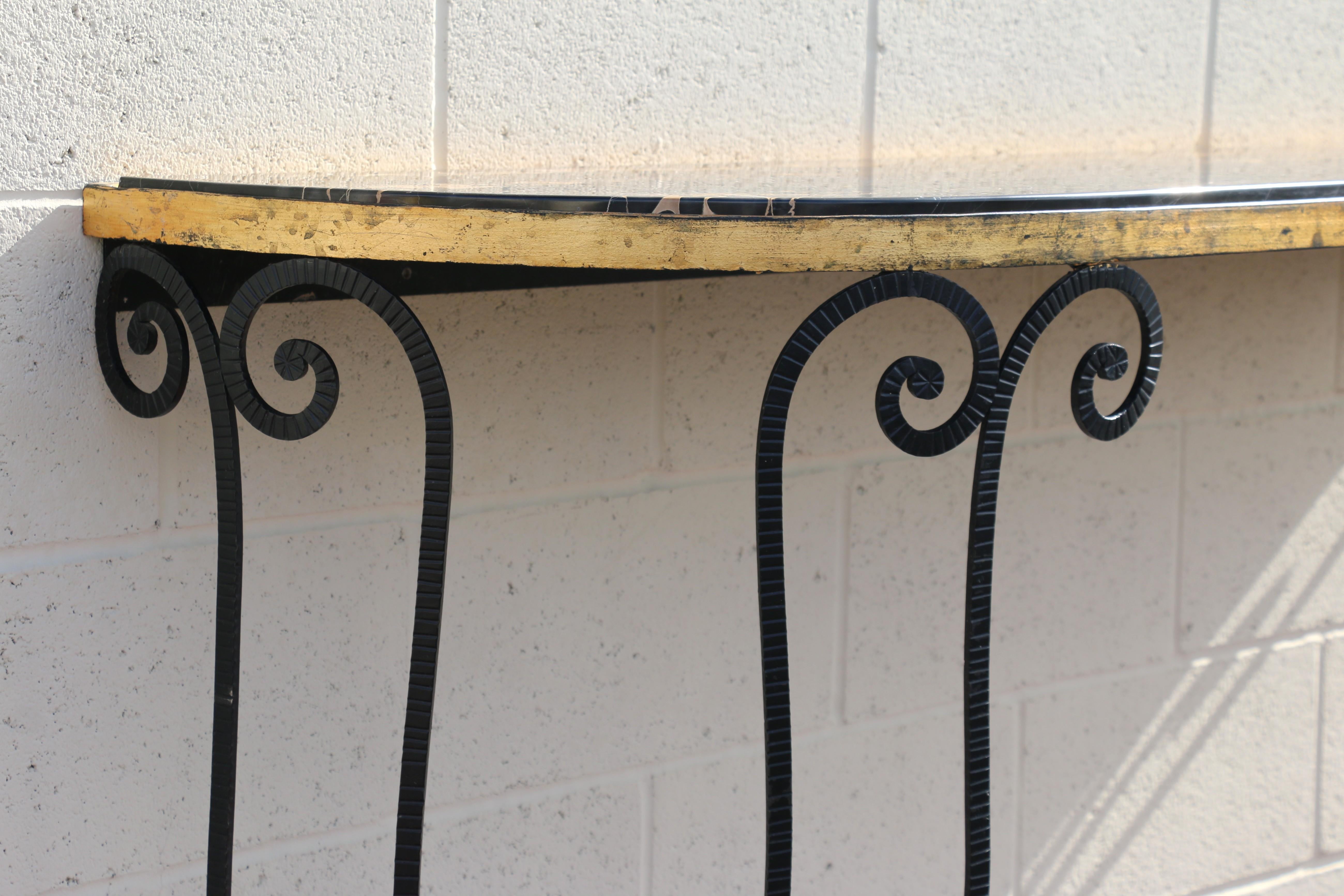 Vintage French Art Deco Wrought Iron Demi-Lune Console Table With Marble Top For Sale 5