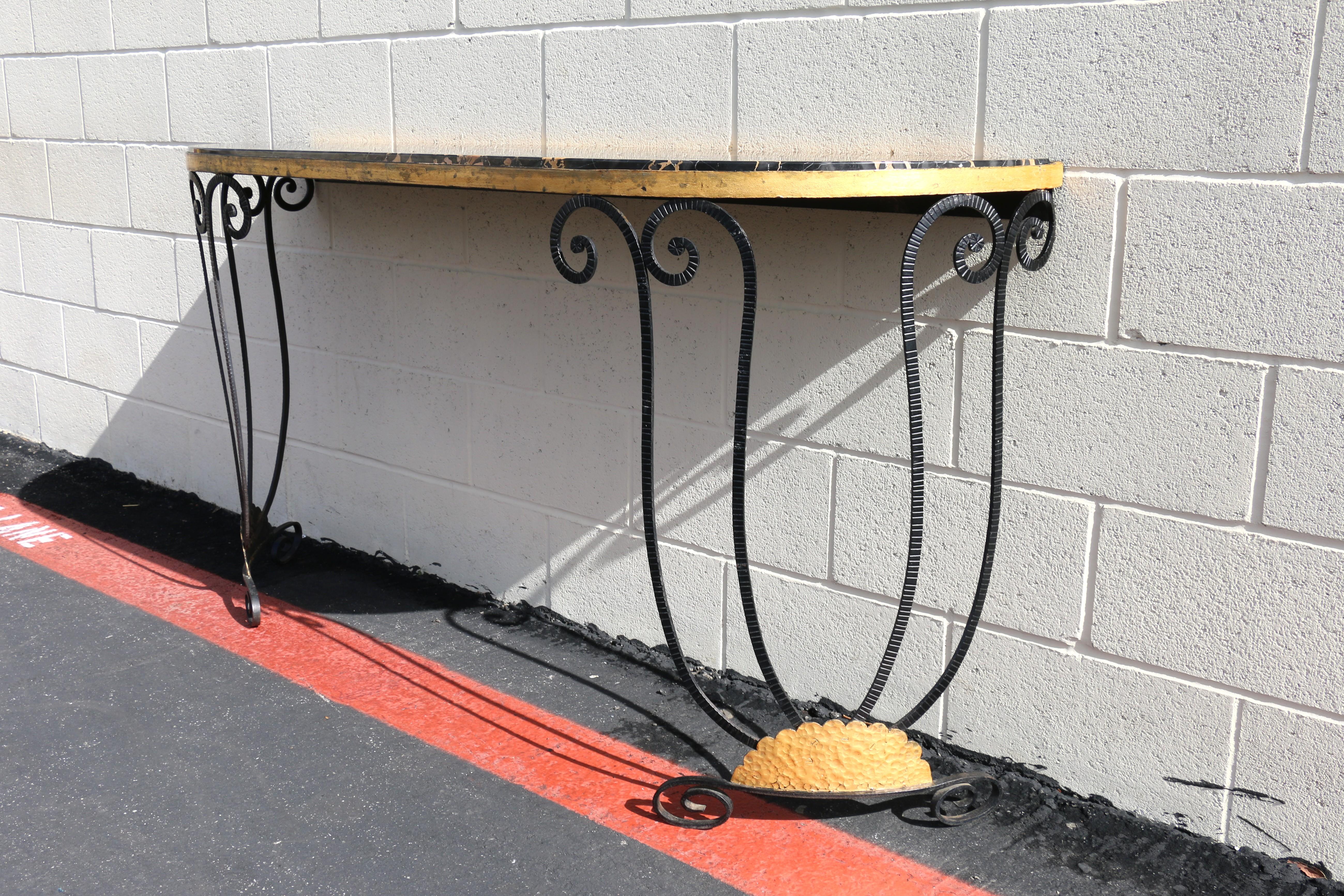 Vintage French Art Deco Wrought Iron Demi-Lune Console Table With Marble Top For Sale 7