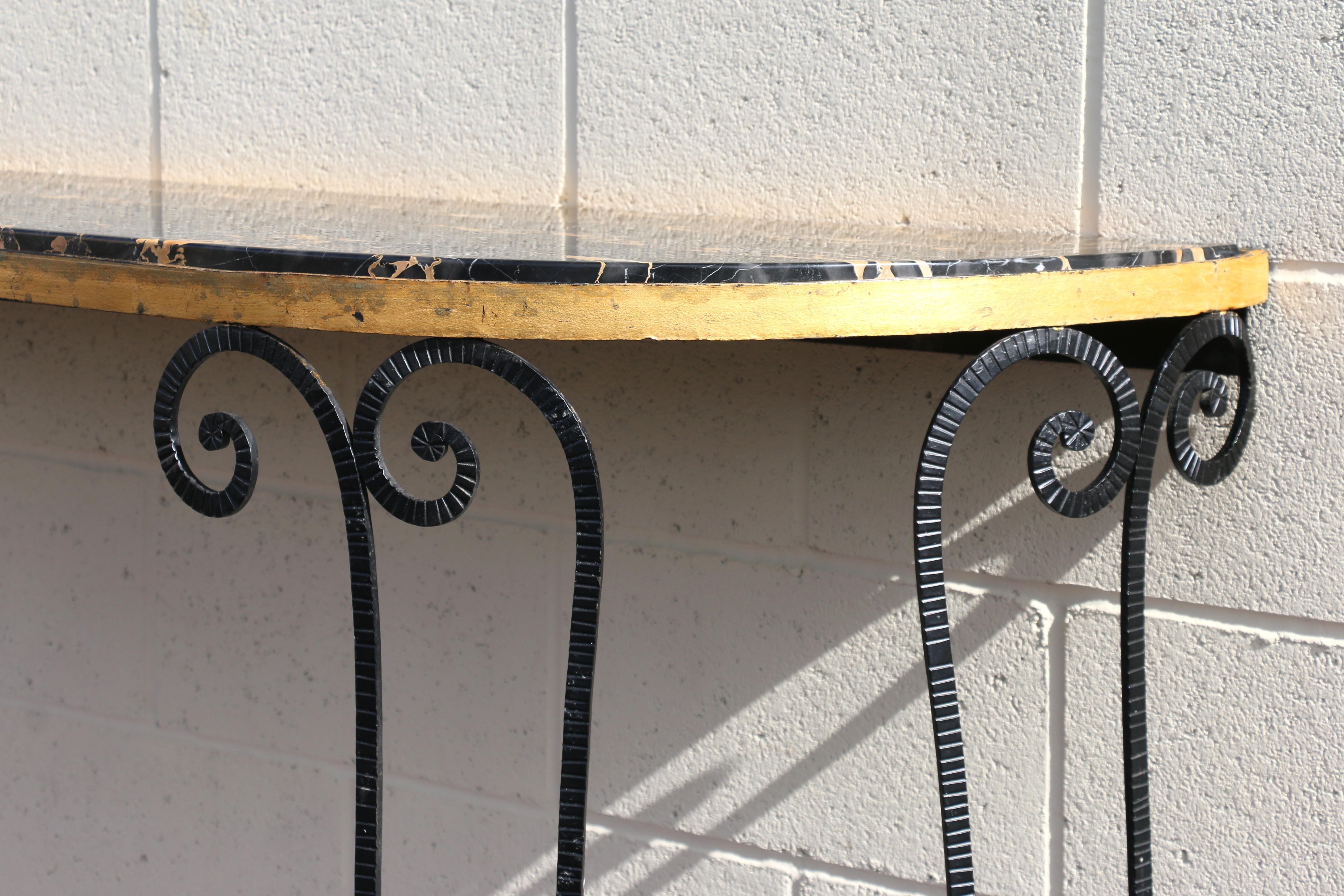 Vintage French Art Deco Wrought Iron Demi-Lune Console Table With Marble Top For Sale 9