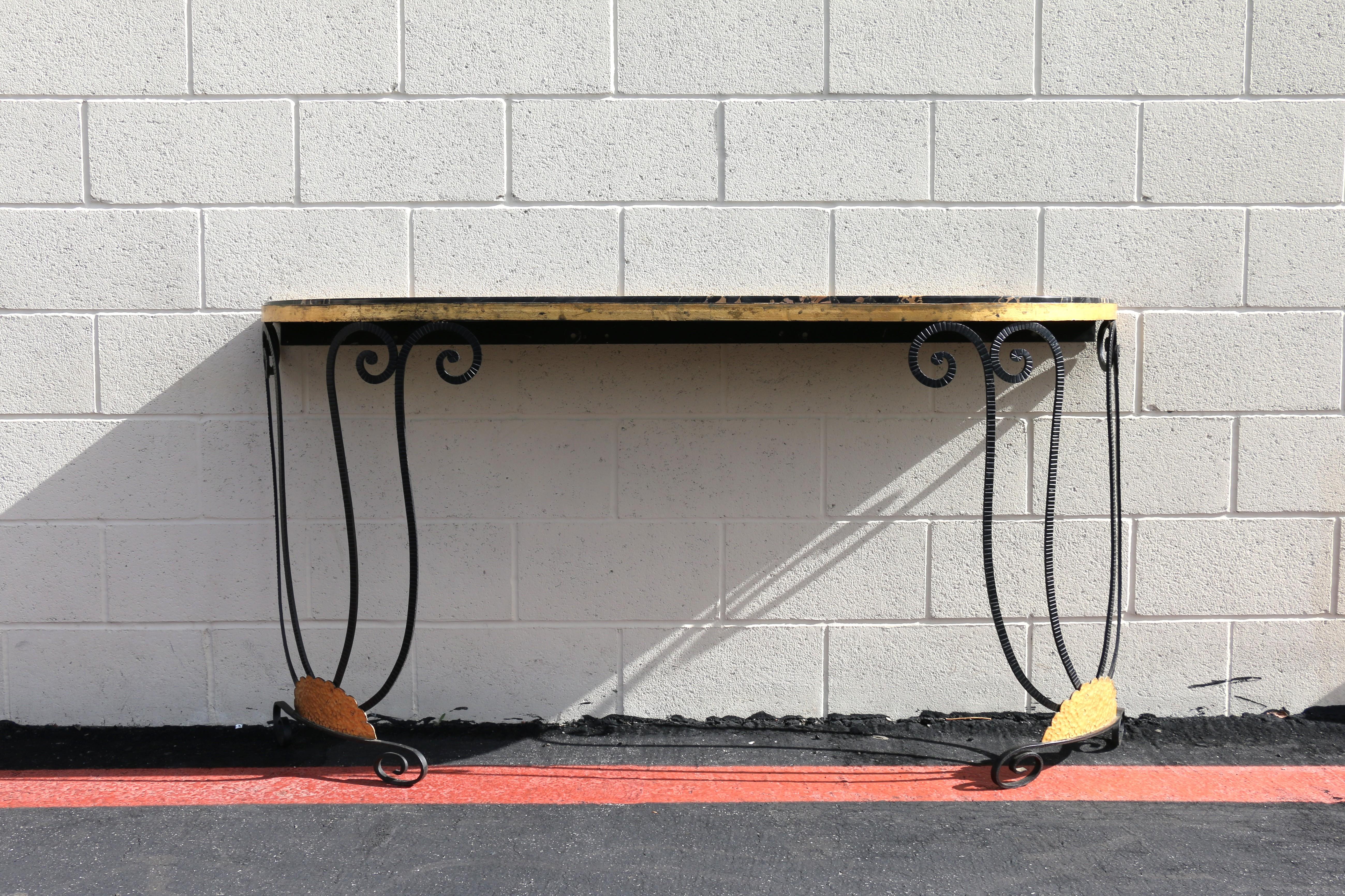 Vintage French Art Deco Wrought Iron Demi-Lune Console Table With Marble Top For Sale 10