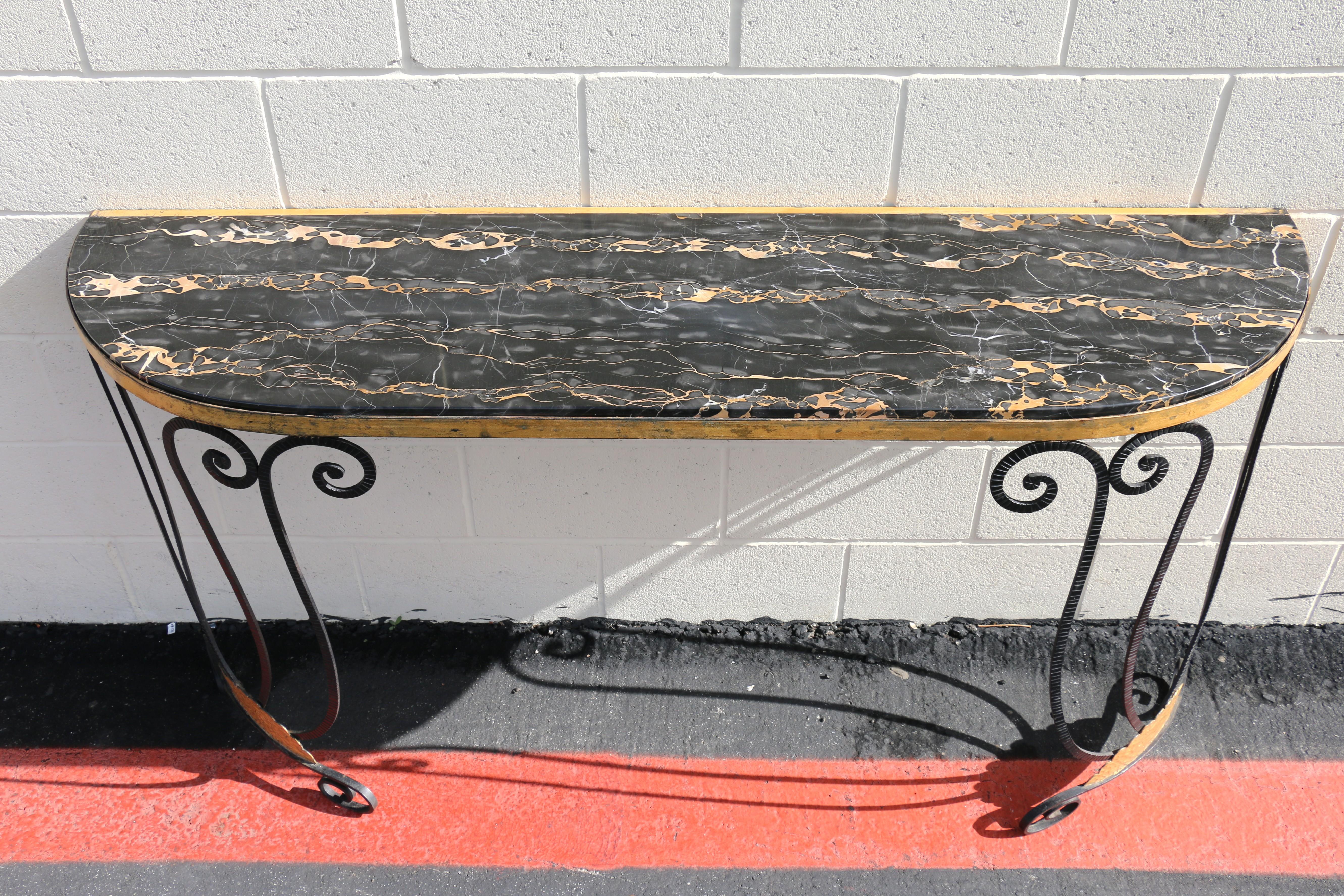 Vintage French Art Deco Wrought Iron Demi-Lune Console Table With Marble Top In Good Condition For Sale In North Hollywood, CA