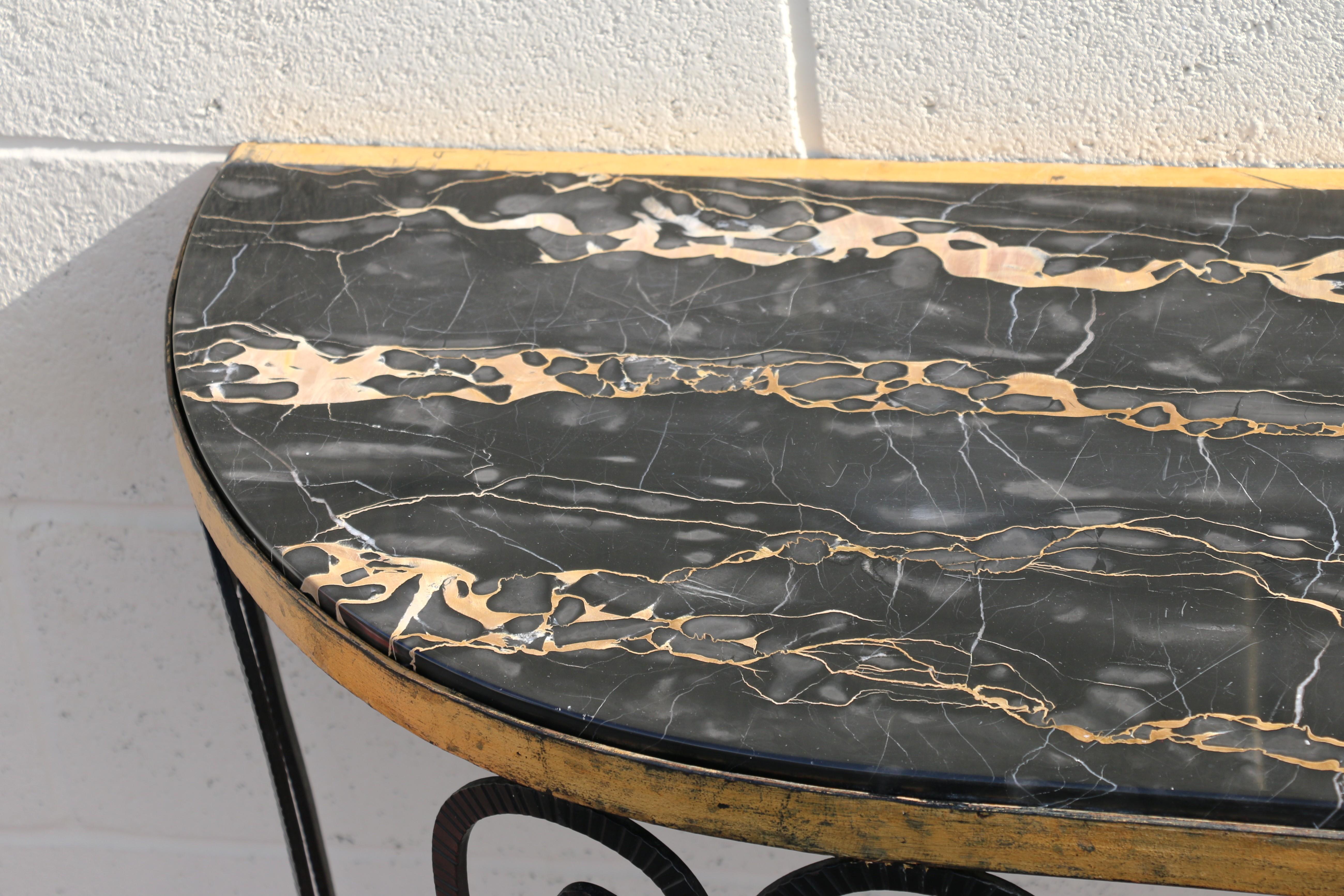 Mid-20th Century Vintage French Art Deco Wrought Iron Demi-Lune Console Table With Marble Top For Sale