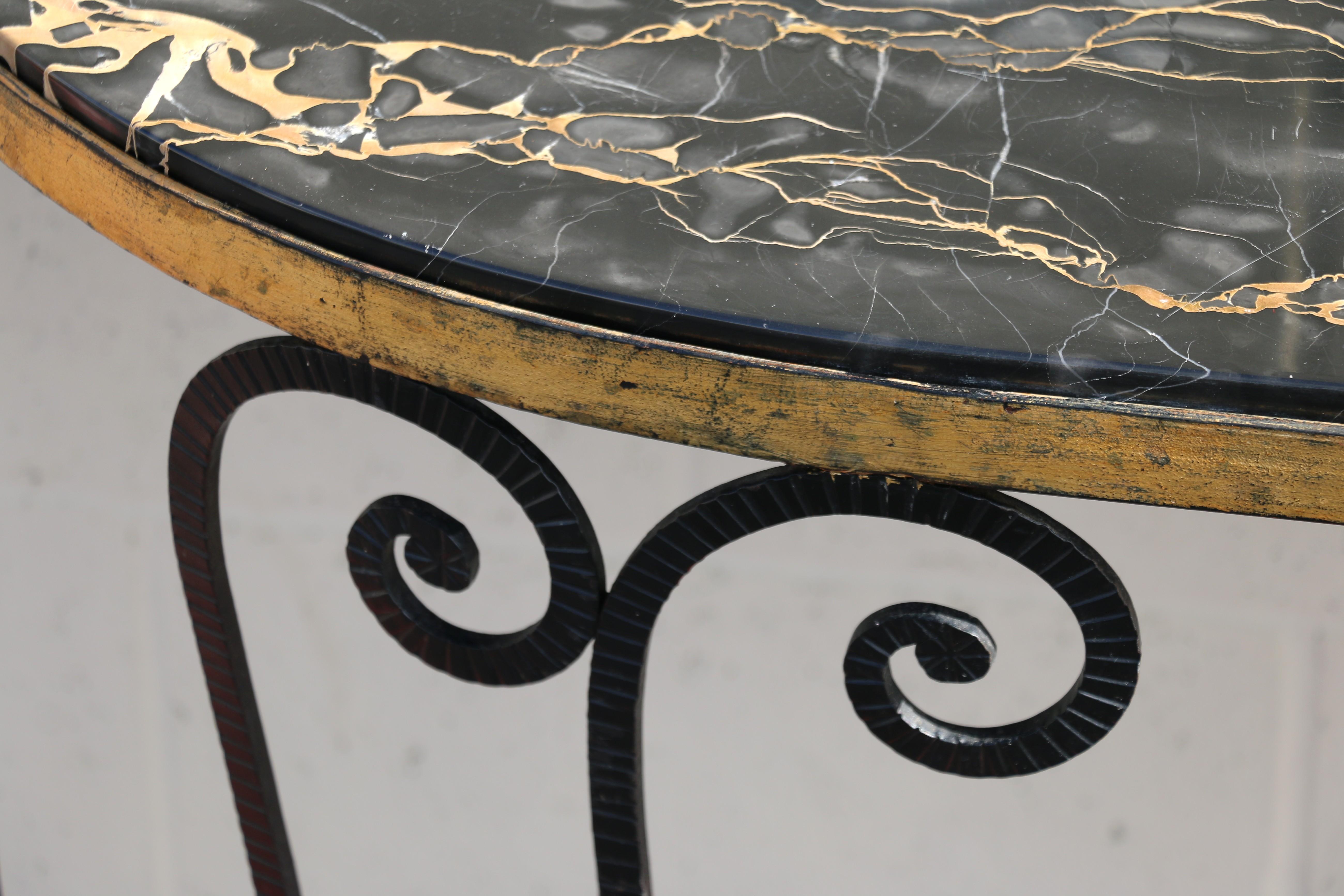 Metal Vintage French Art Deco Wrought Iron Demi-Lune Console Table With Marble Top For Sale