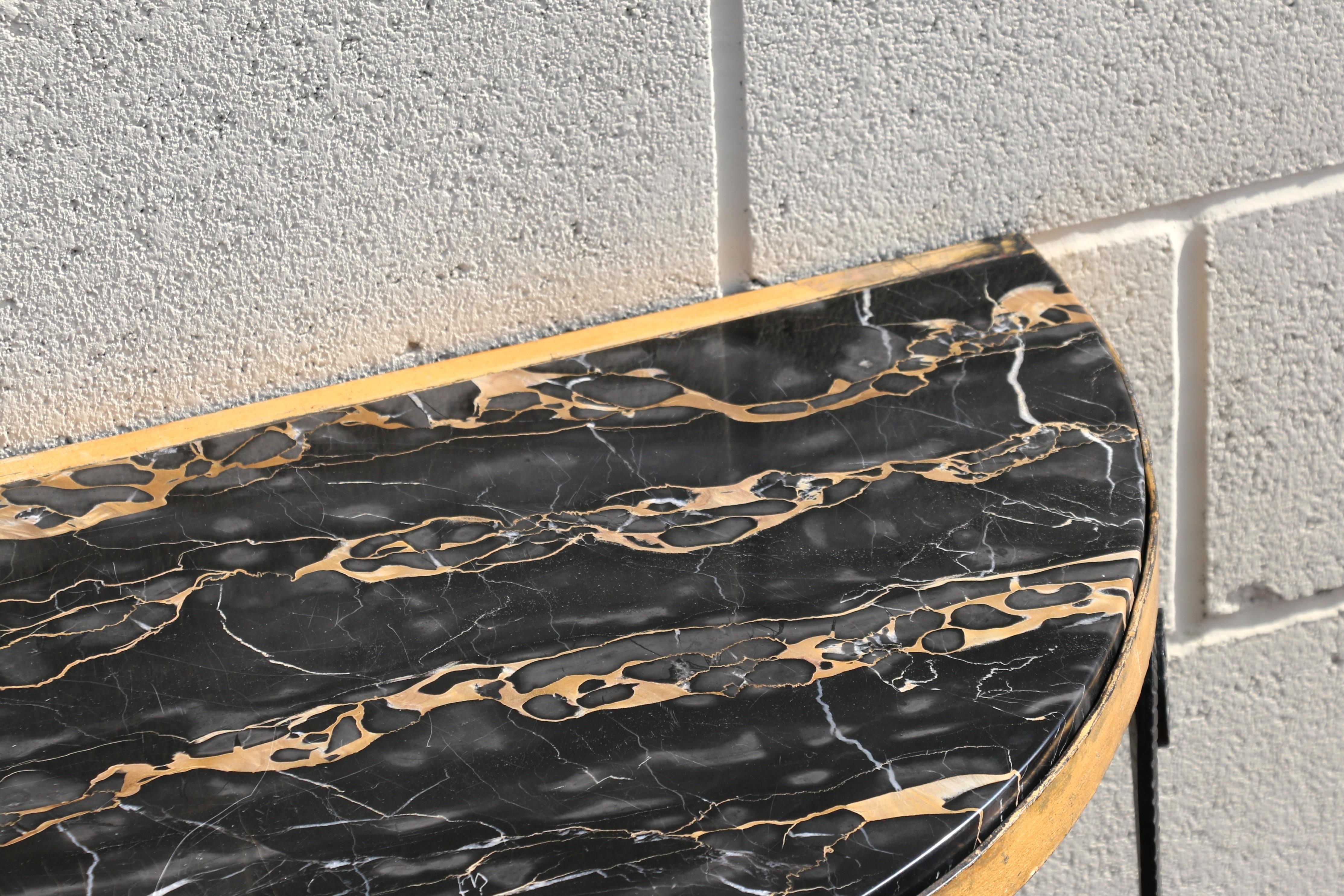 Vintage French Art Deco Wrought Iron Demi-Lune Console Table With Marble Top For Sale 3