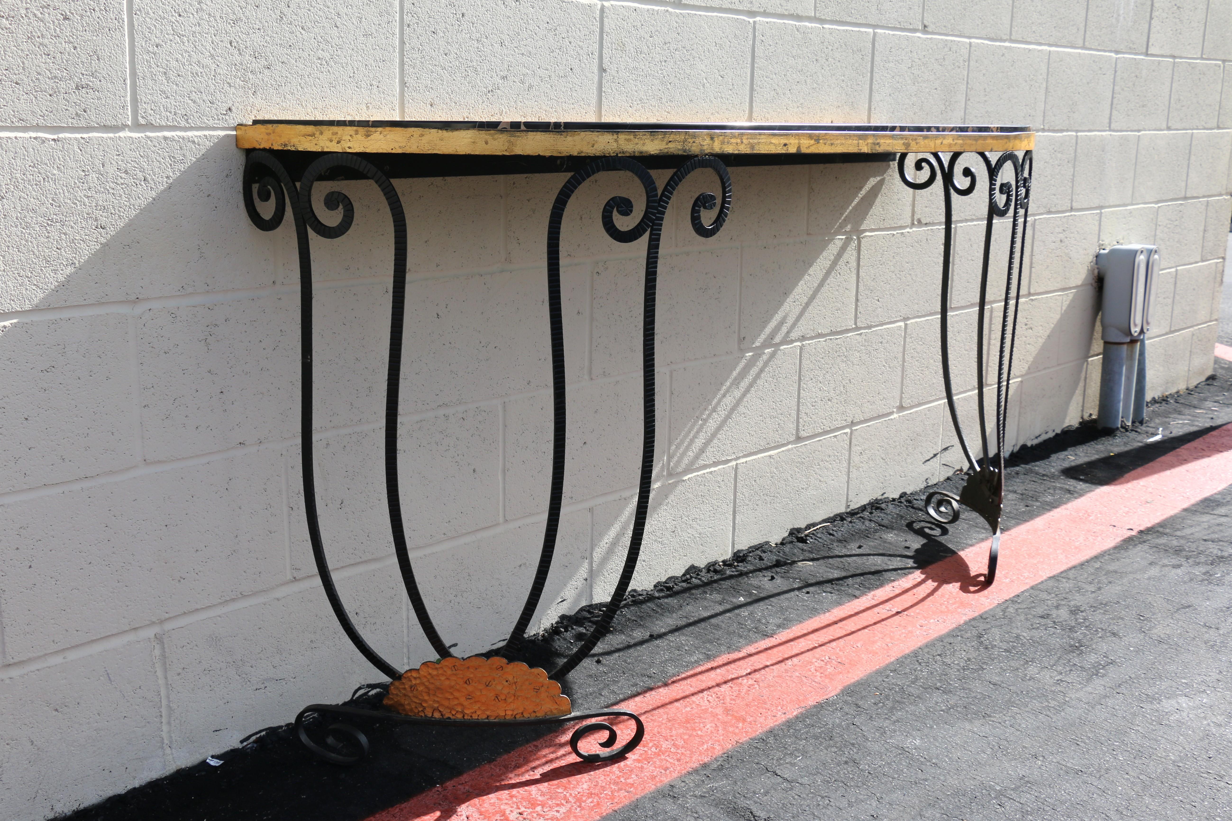 Vintage French Art Deco Wrought Iron Demi-Lune Console Table With Marble Top For Sale 4