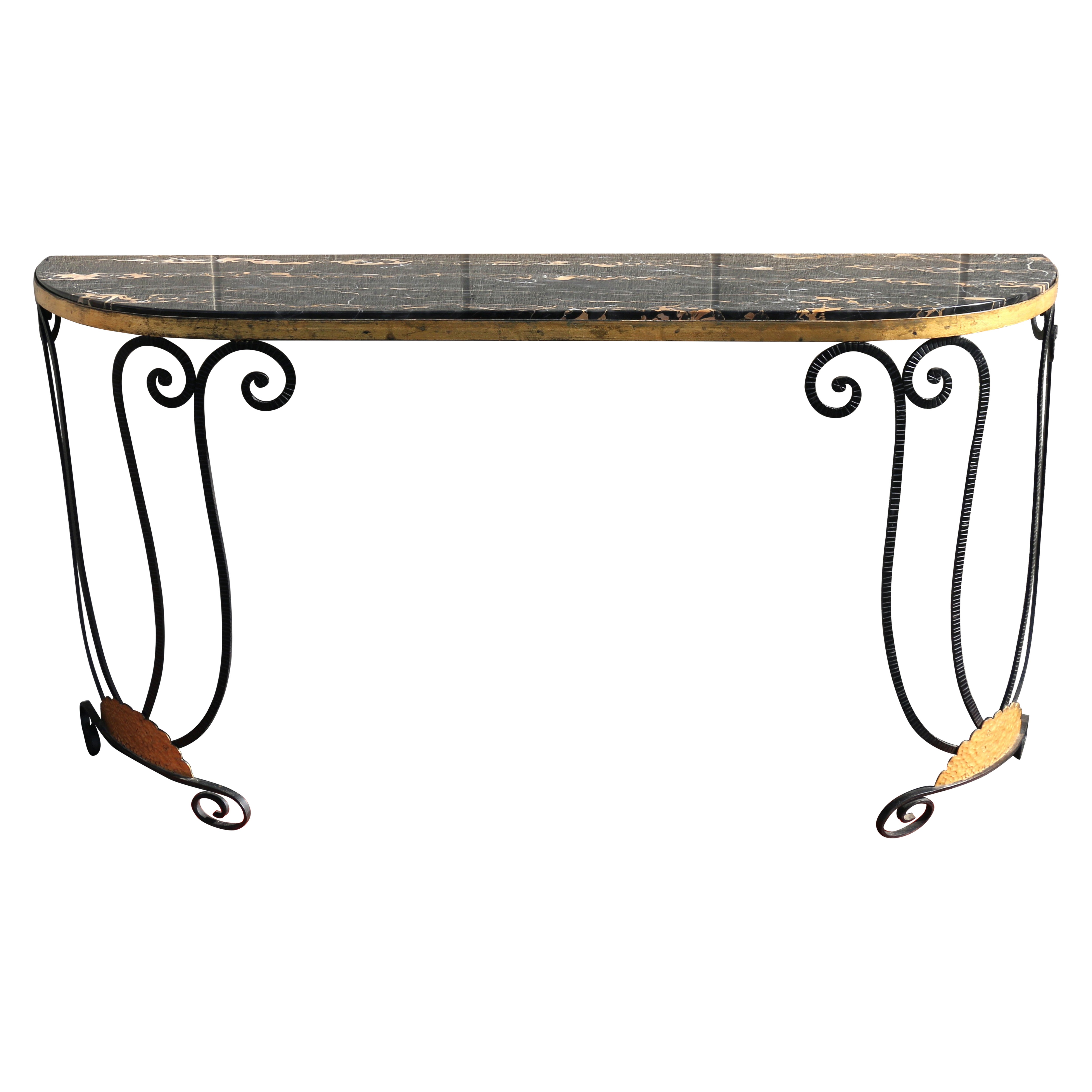 Vintage French Art Deco Wrought Iron Demi-Lune Console Table With Marble Top For Sale