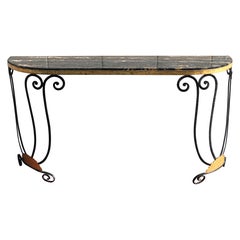 Vintage French Art Deco Wrought Iron Demi-Lune Console Table With Marble Top