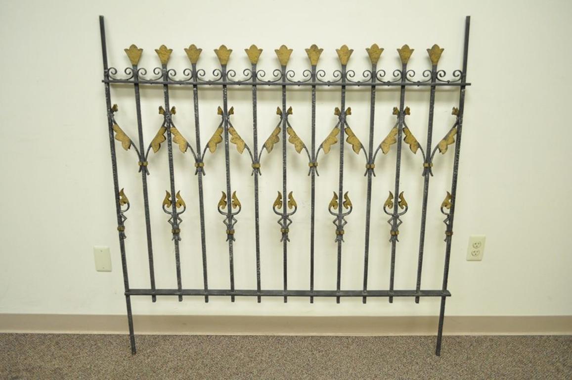 Vintage French Art Nouveau Gilt Wrought Iron Full Size Bed Headboard Fence Gate In Good Condition In Philadelphia, PA