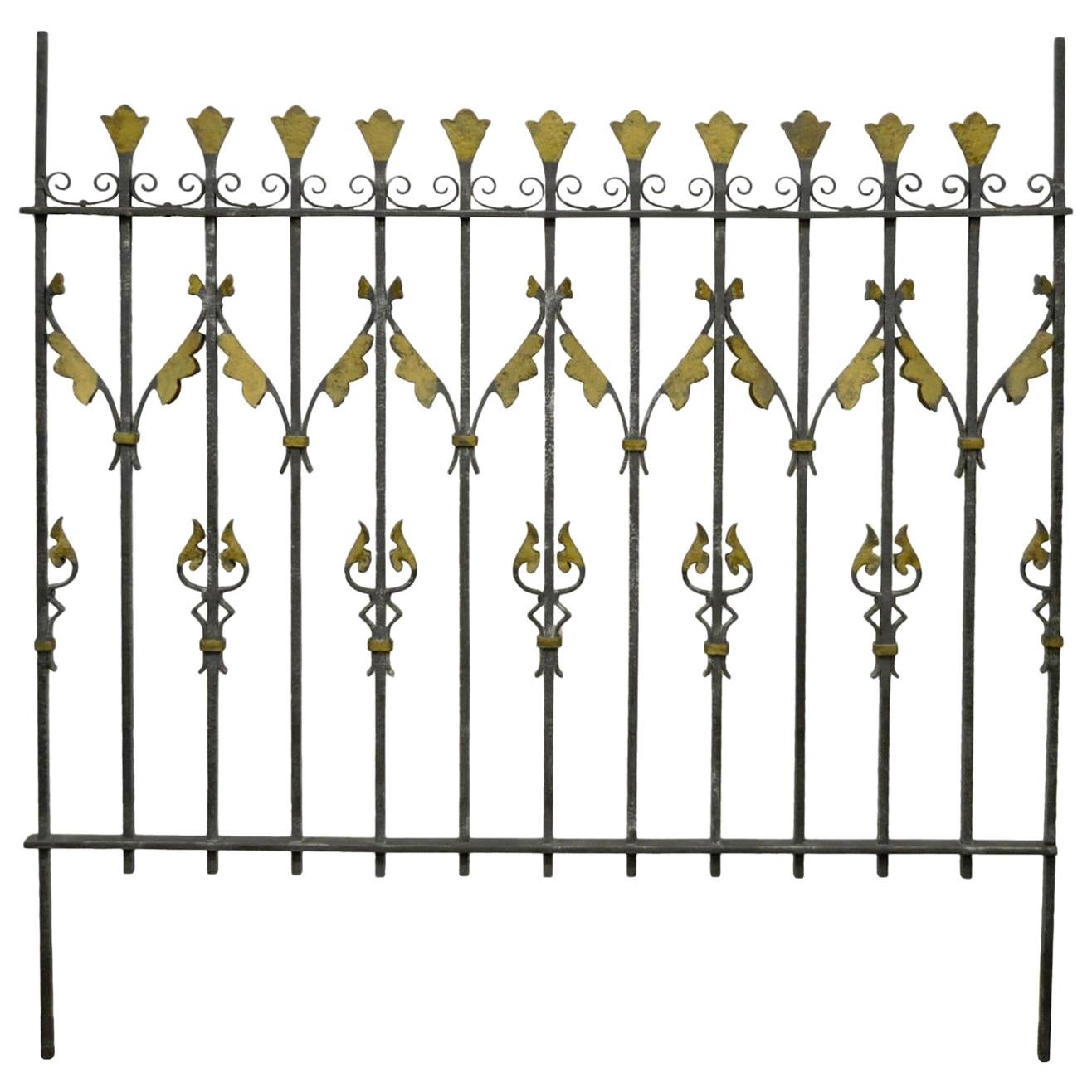 Vintage French Art Nouveau Gilt Wrought Iron Full Size Bed Headboard Fence Gate