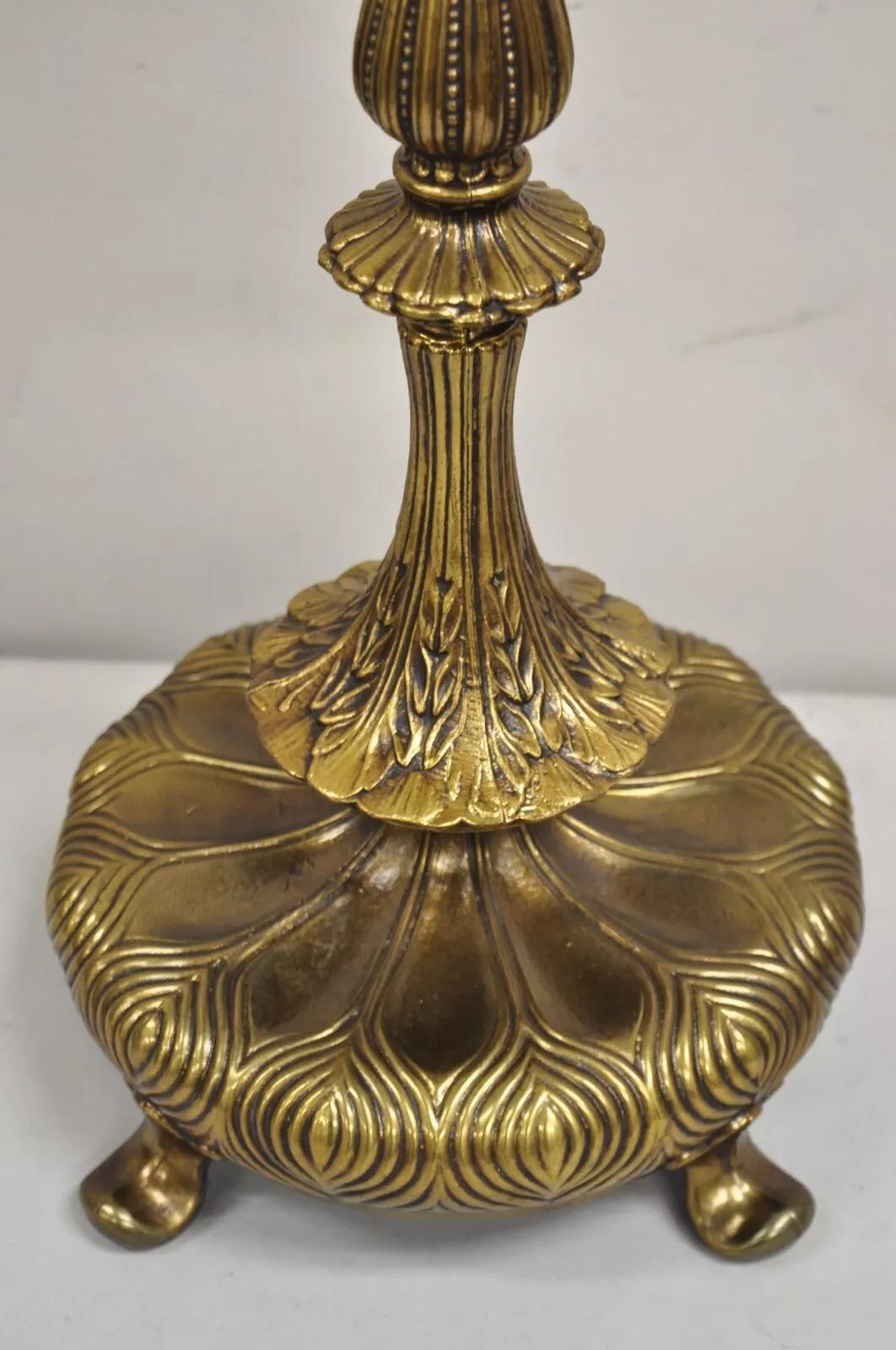 Inconnu Lampe de bureau lotus vintage en métal Art Nouveau français 3 feux en laiton en vente
