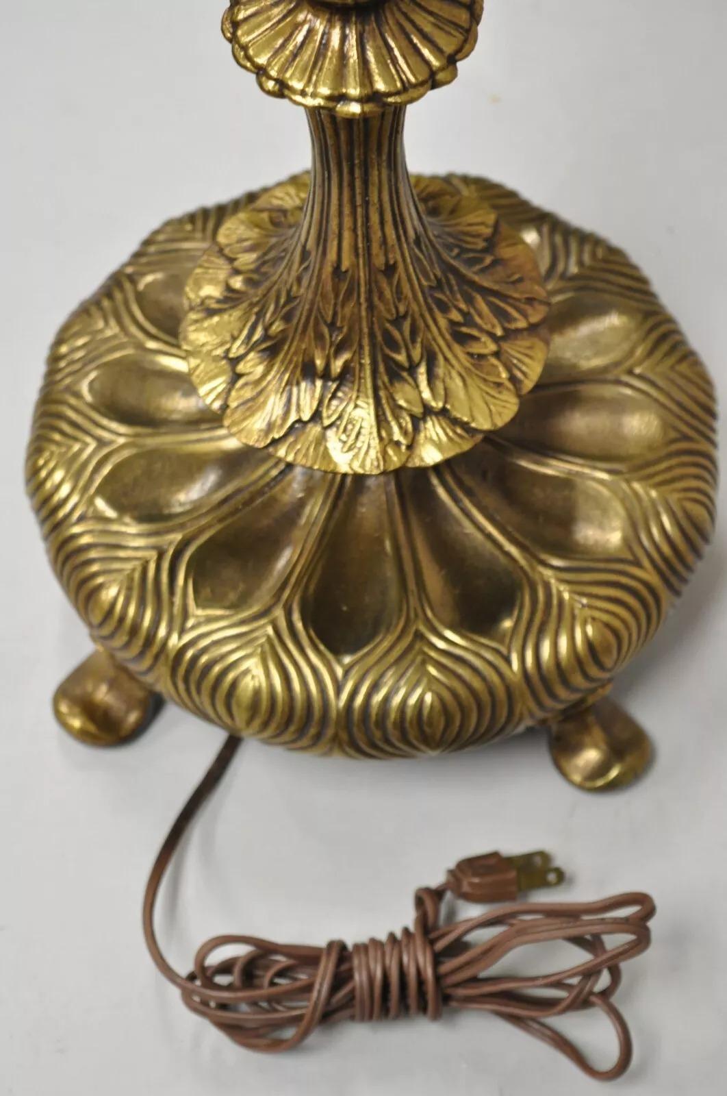Lampe de bureau lotus vintage en métal Art Nouveau français 3 feux en laiton en vente 1