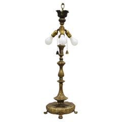Vintage French Art Nouveau Metal 3 Light Tall Brass Lotus Candlestick Table Lamp