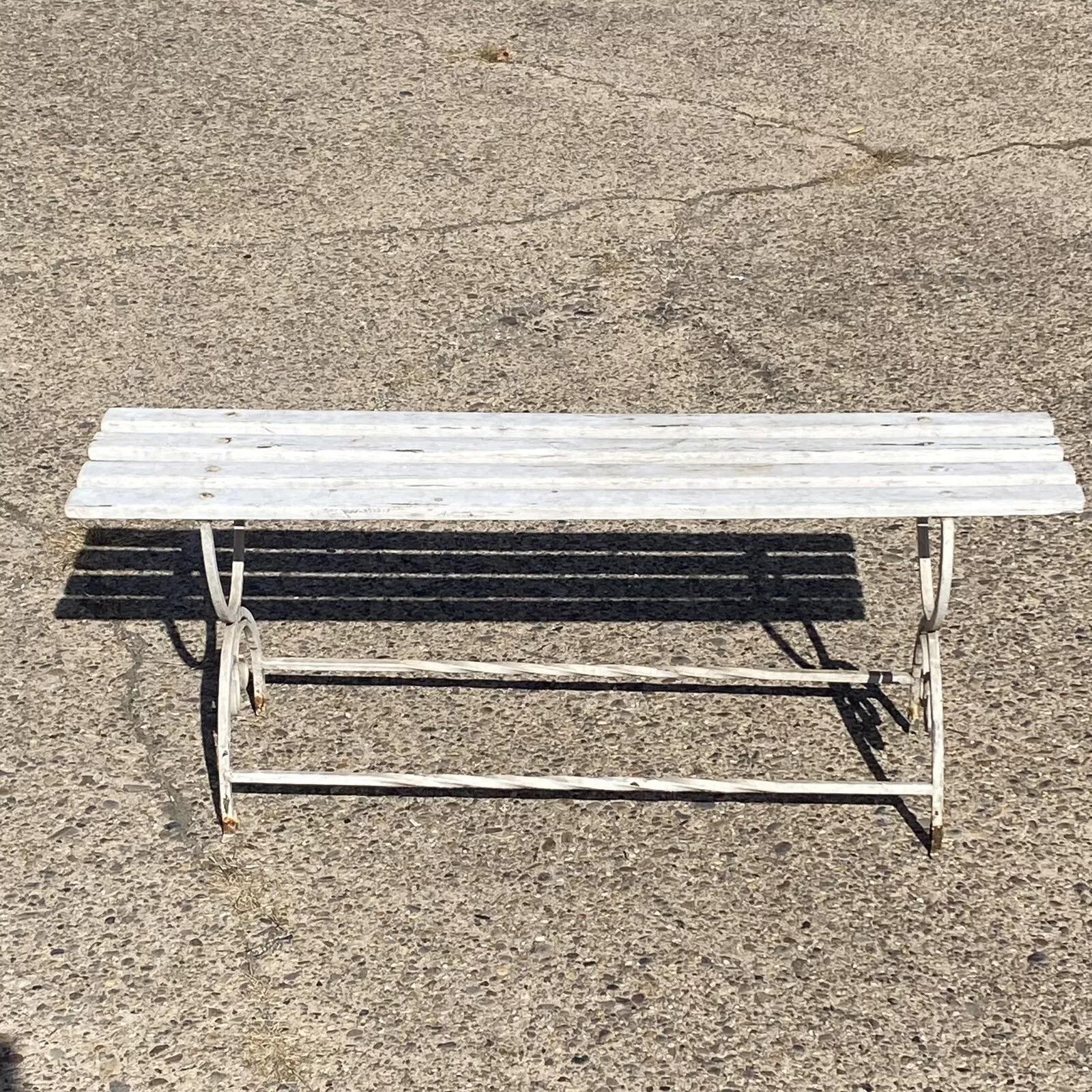 Vintage French Art Nouveau Scrolling Wrought Iron Wooden Slat Garden Patio Bench For Sale 5