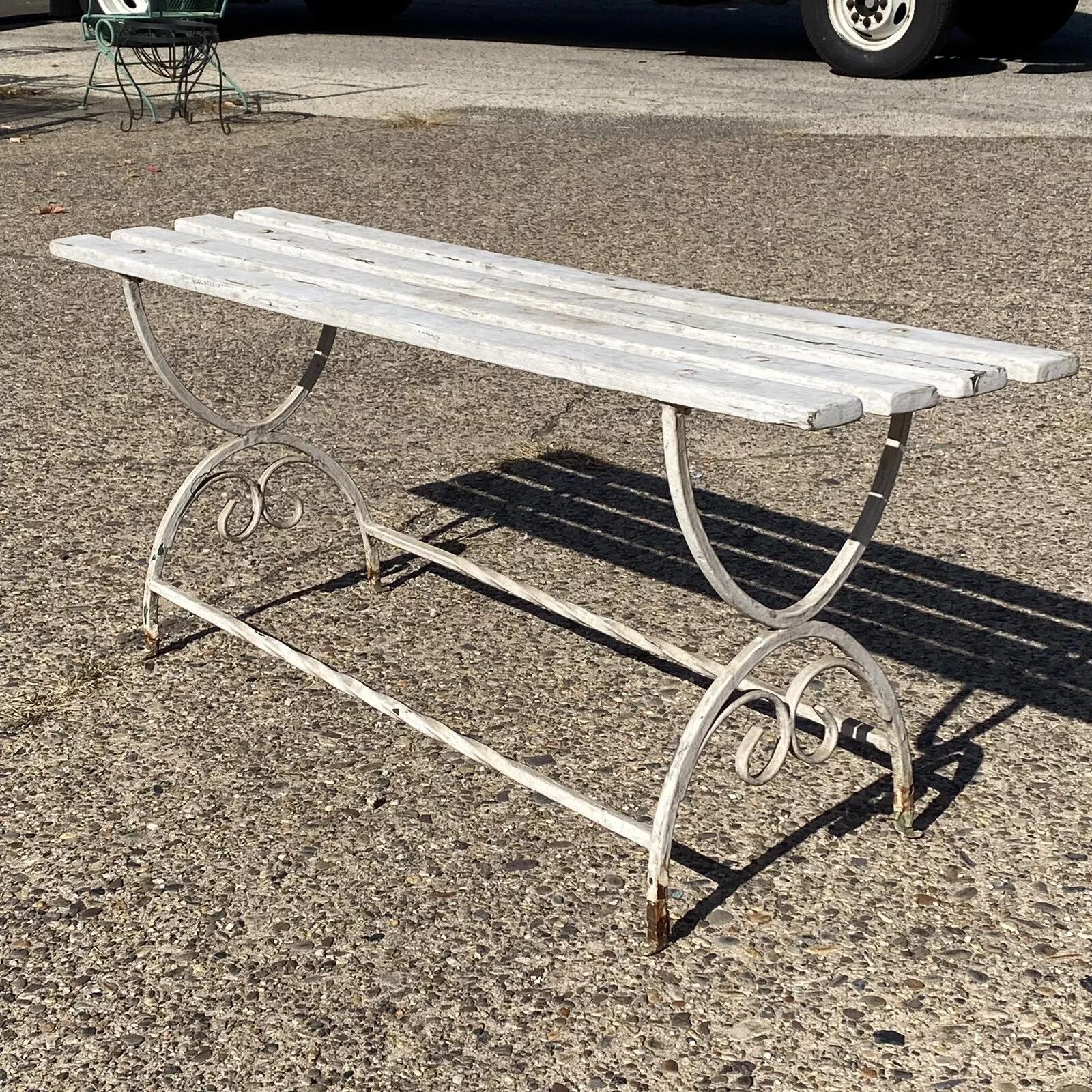 Unknown Vintage French Art Nouveau Scrolling Wrought Iron Wooden Slat Garden Patio Bench For Sale