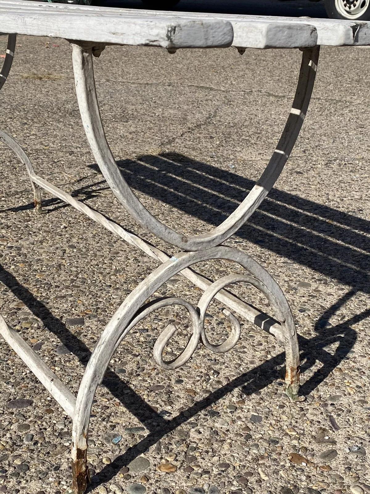 20th Century Vintage French Art Nouveau Scrolling Wrought Iron Wooden Slat Garden Patio Bench For Sale